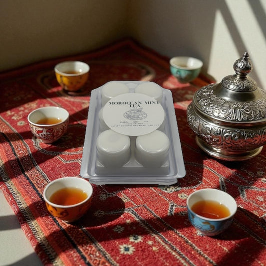 Moroccan mint tea wax melt  with tea cups on a patterned tablecloth