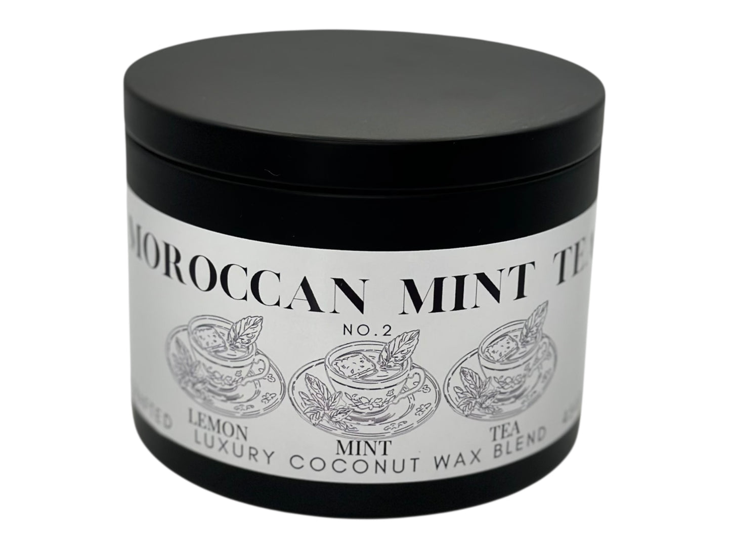 A black candle tin labeled Moroccan Mint Tea on a white background.