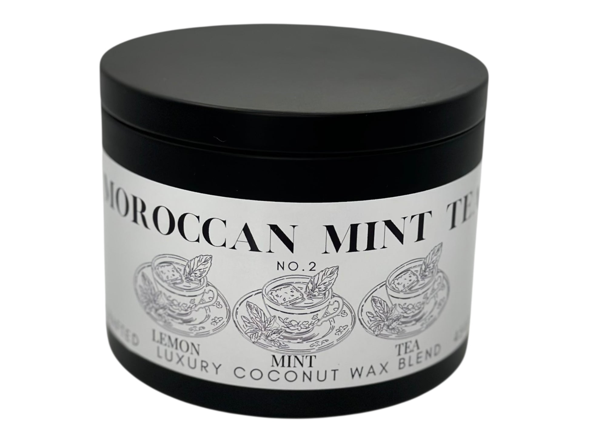 A black candle tin labeled Moroccan Mint Tea on a white background.