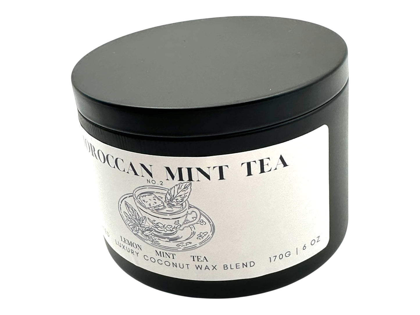 A black candle tin side view labeled Moroccan Mint Tea