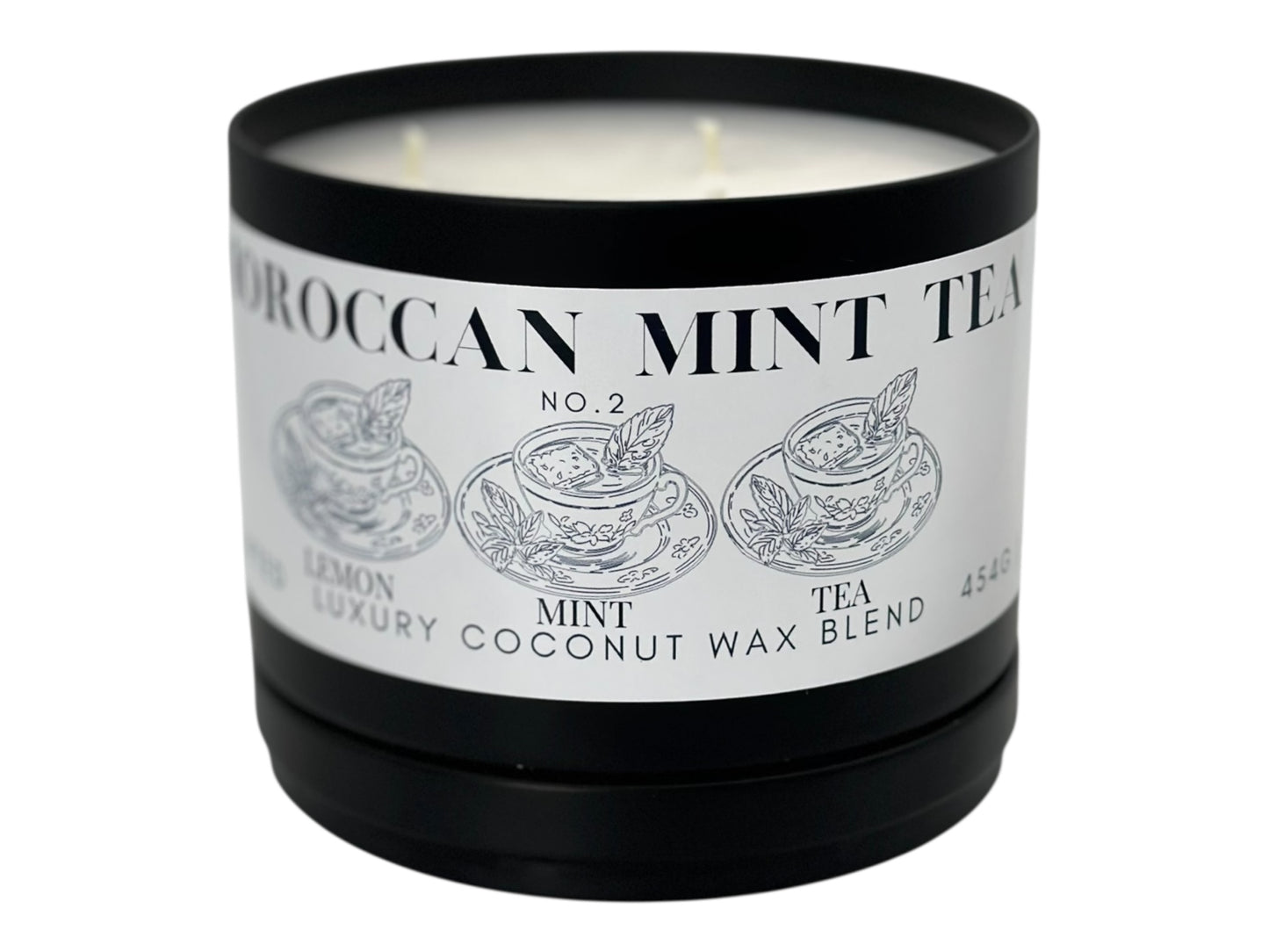 Candle with a label indicating 'Moroccan Mint Tea' and 'Lemon Luxury Coconut Wax Blend' on a white background.