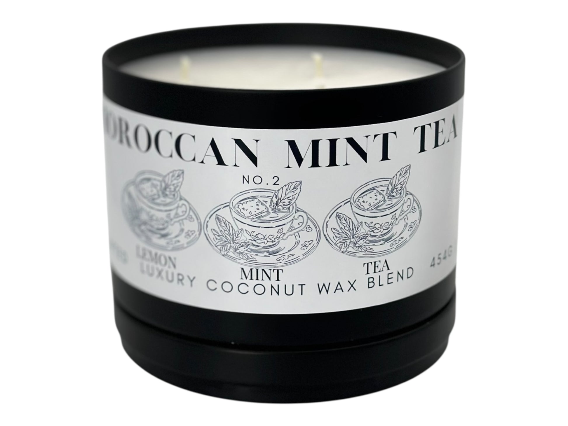 Candle with a label indicating 'Moroccan Mint Tea' and 'Lemon Luxury Coconut Wax Blend' on a white background.