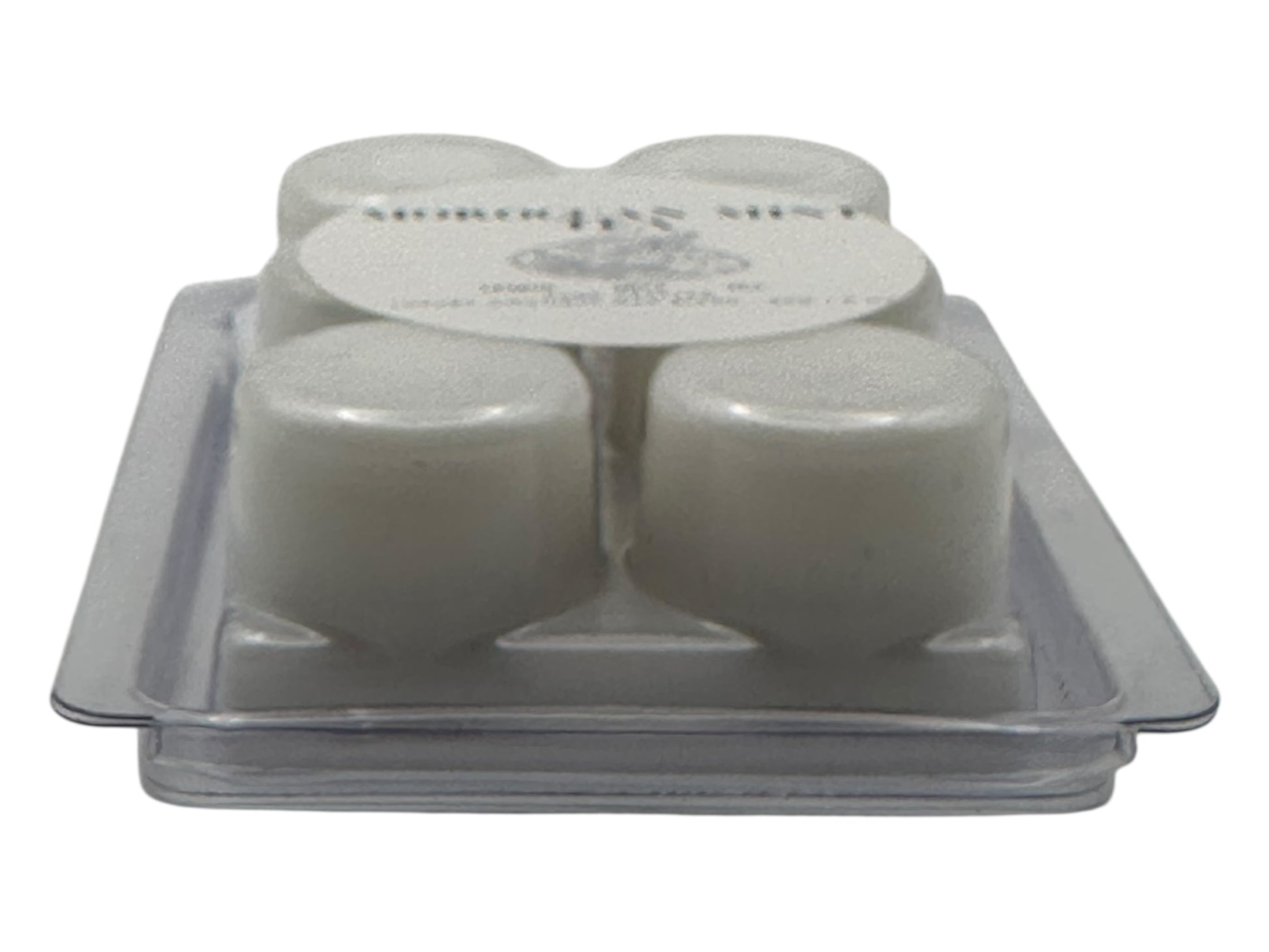 A white wax melt labeled Moroccan Mint Tea in front view to show depth on a white background. 