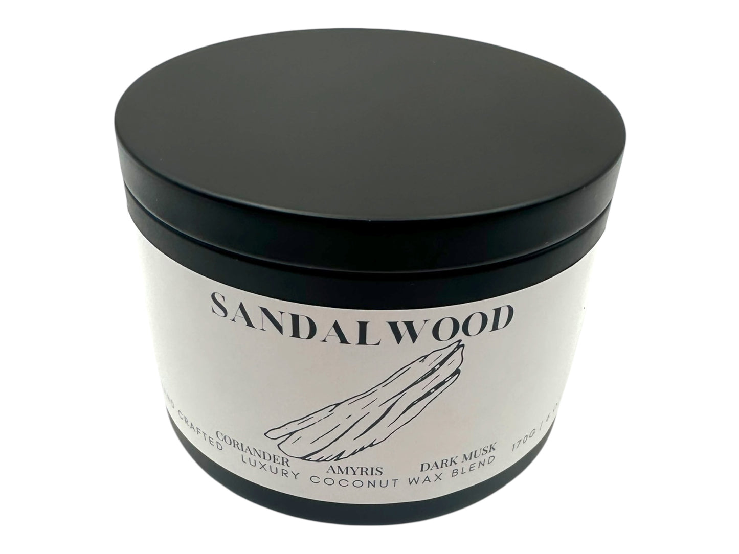 A black candle tin labeled "Sandalwood" on a white background.