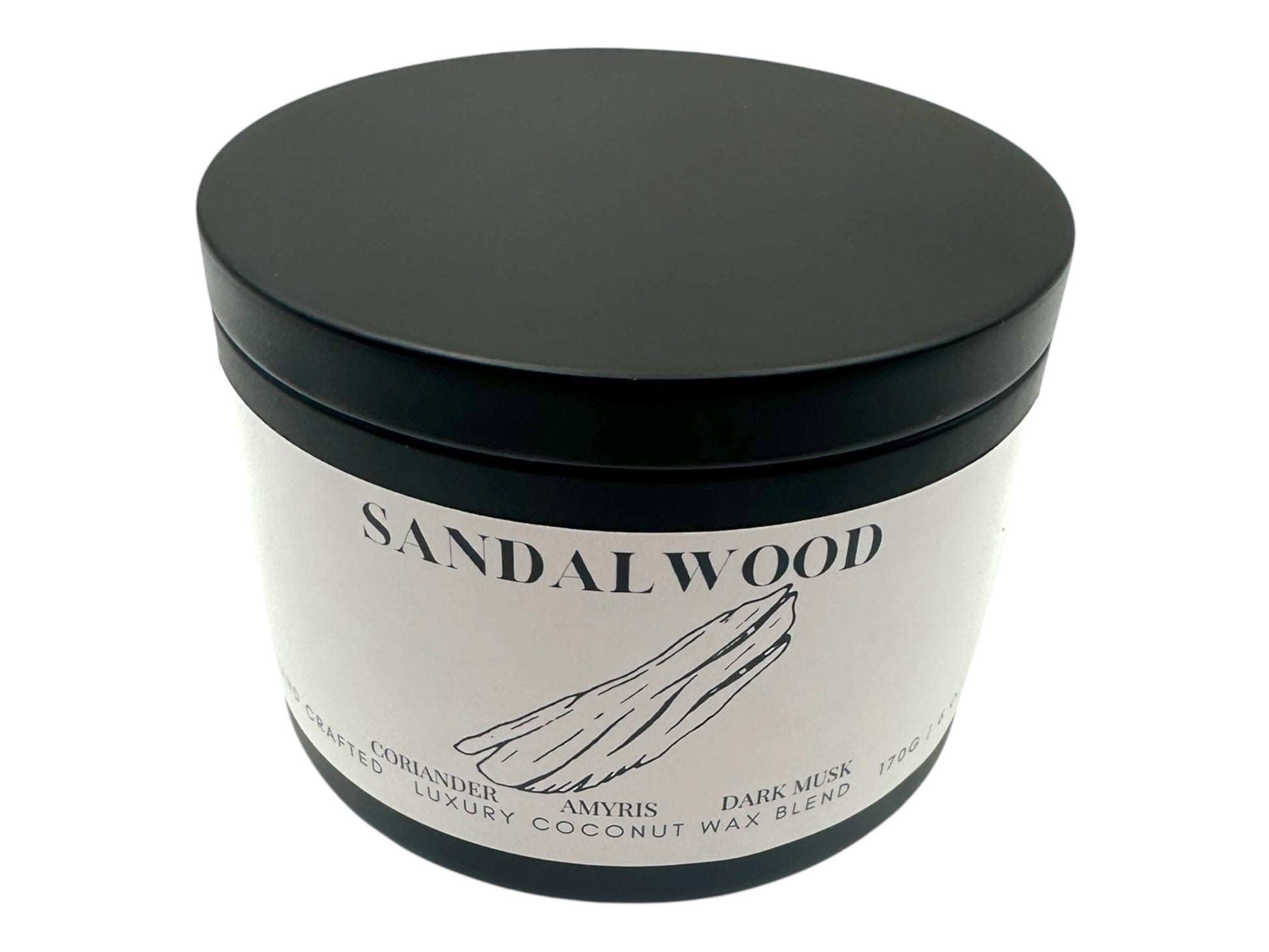 A black candle tin labeled "Sandalwood" on a white background.