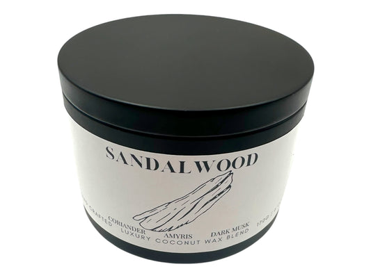 A black candle tin labeled "Sandalwood" on a white background.