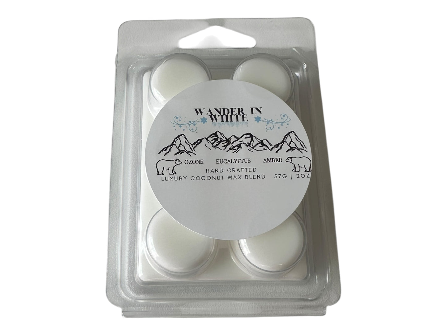 A winter wax melt labeled "Wander in White" in a clear clamshell with a glossy printed label on a white background.