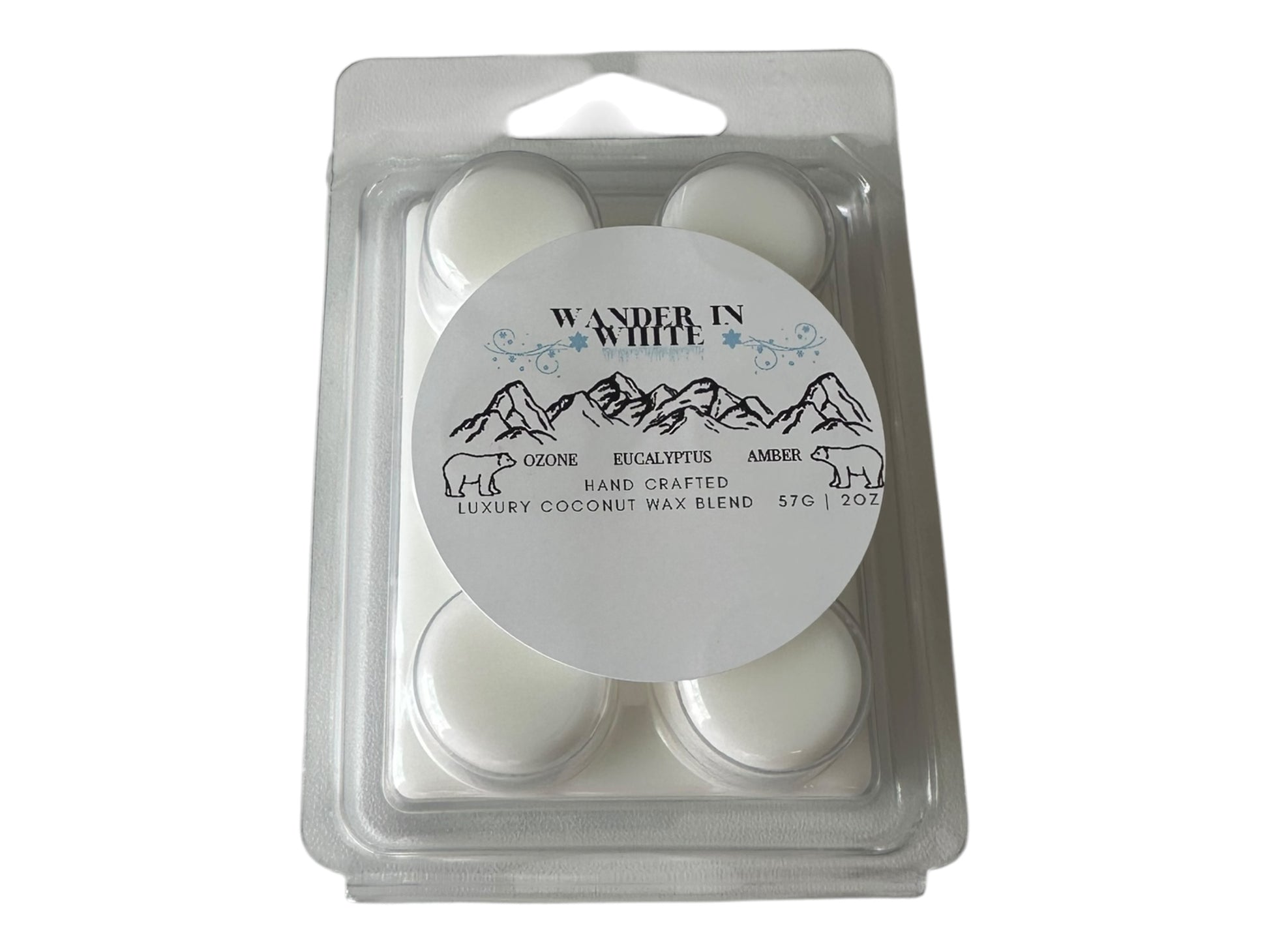 A winter wax melt labeled "Wander in White" in a clear clamshell with a glossy printed label on a white background.