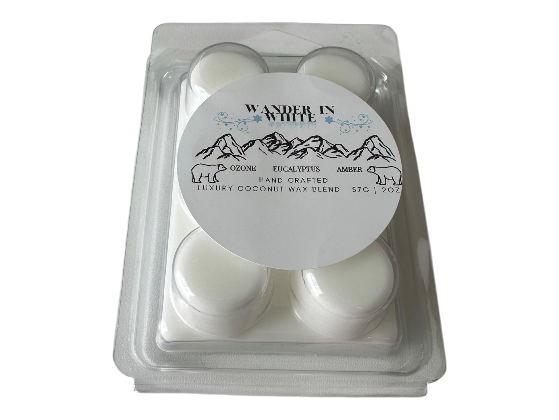 A winter wax melt labeled "Wander in White" in a clear clamshell with a glossy printed label on a white background.