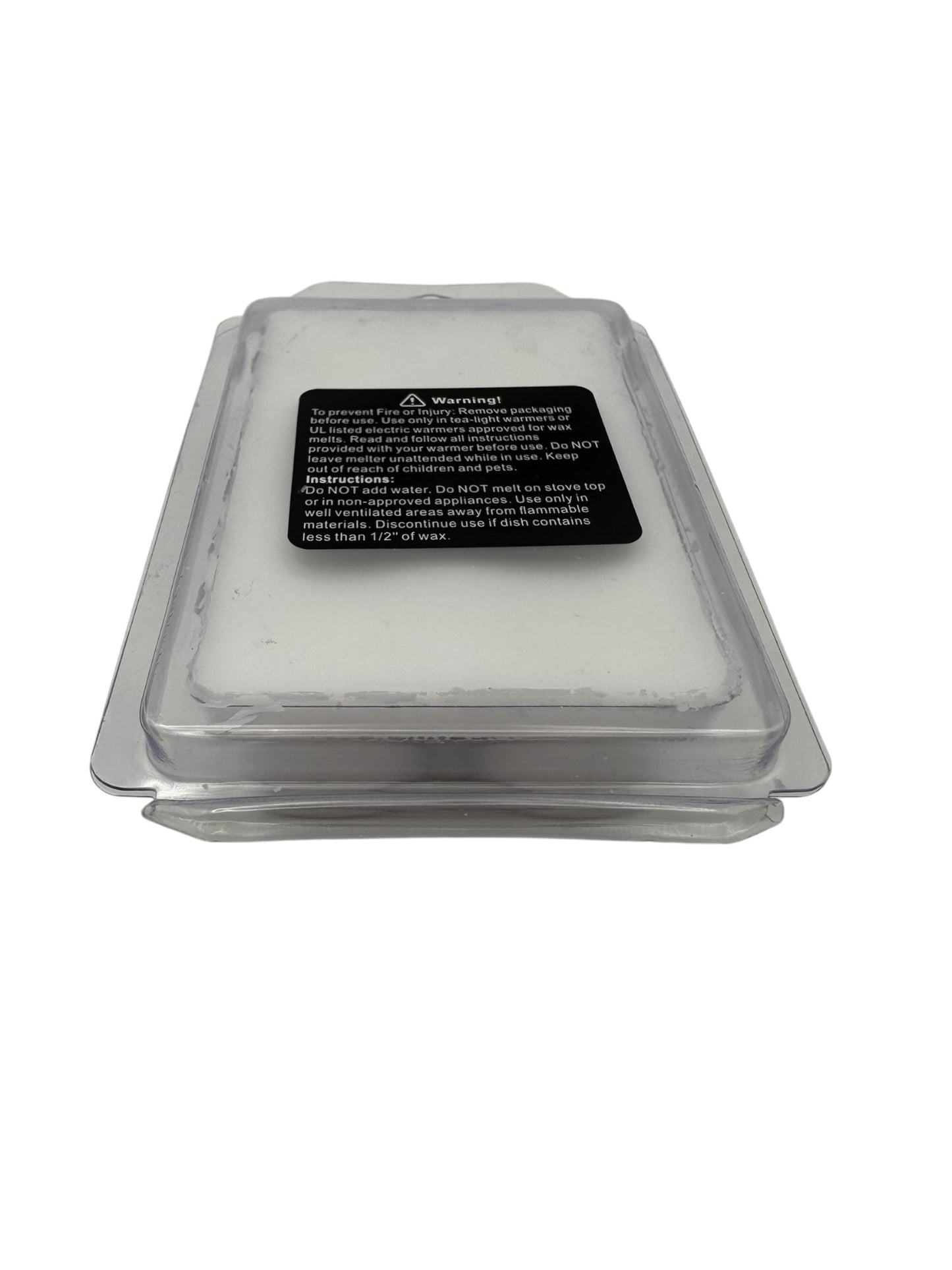 A Clear plastic clamshell with a black warning label on a white background.