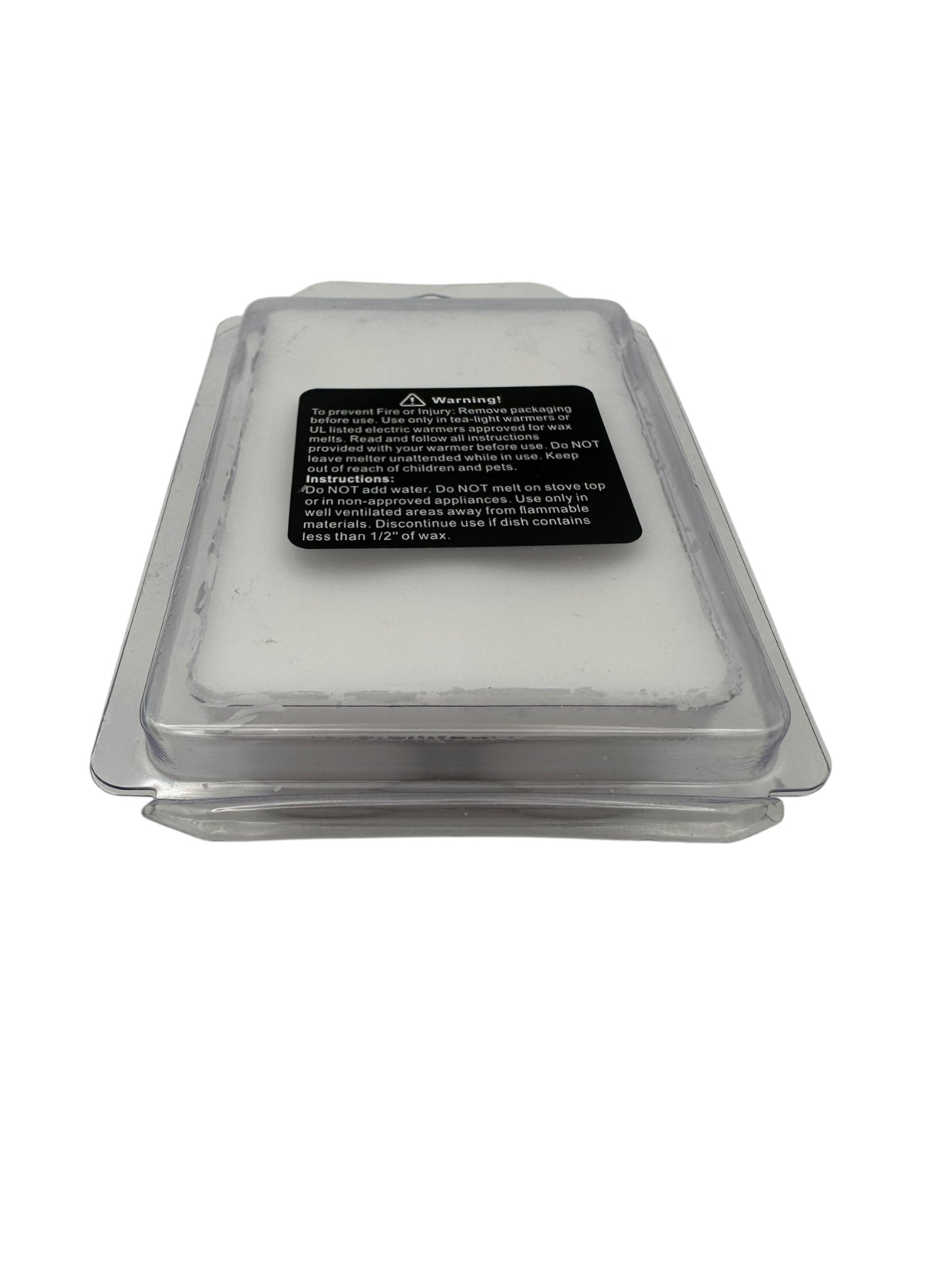 A Clear plastic clamshell with a black warning label on a white background.