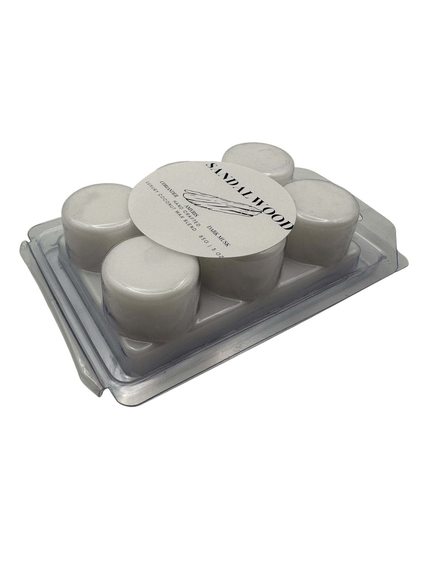 A plastic clamshell wax melts labeled "Sandalwood" on a white background.