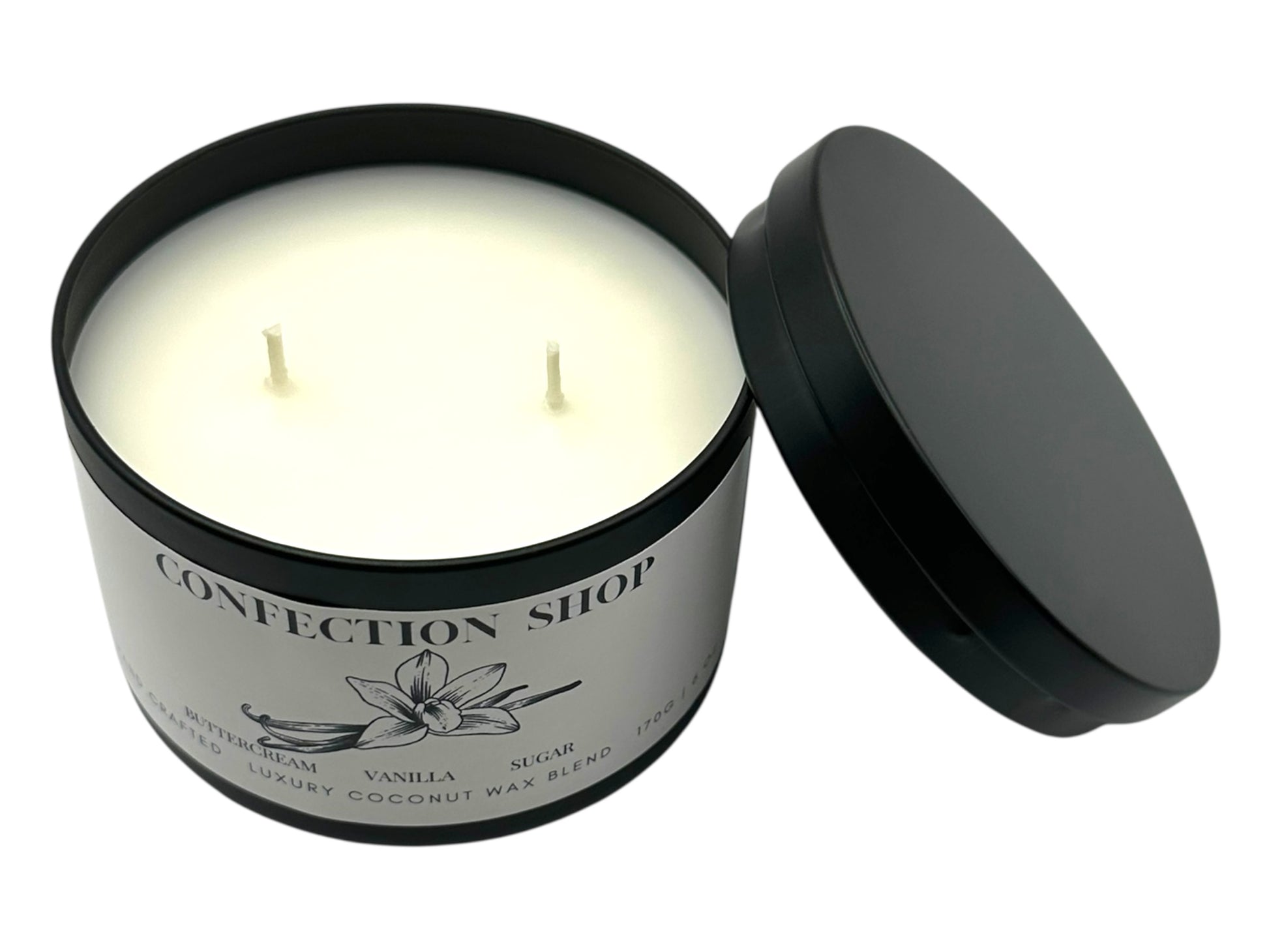 A black candle tin labeled "Confection Shop" on a white background. 