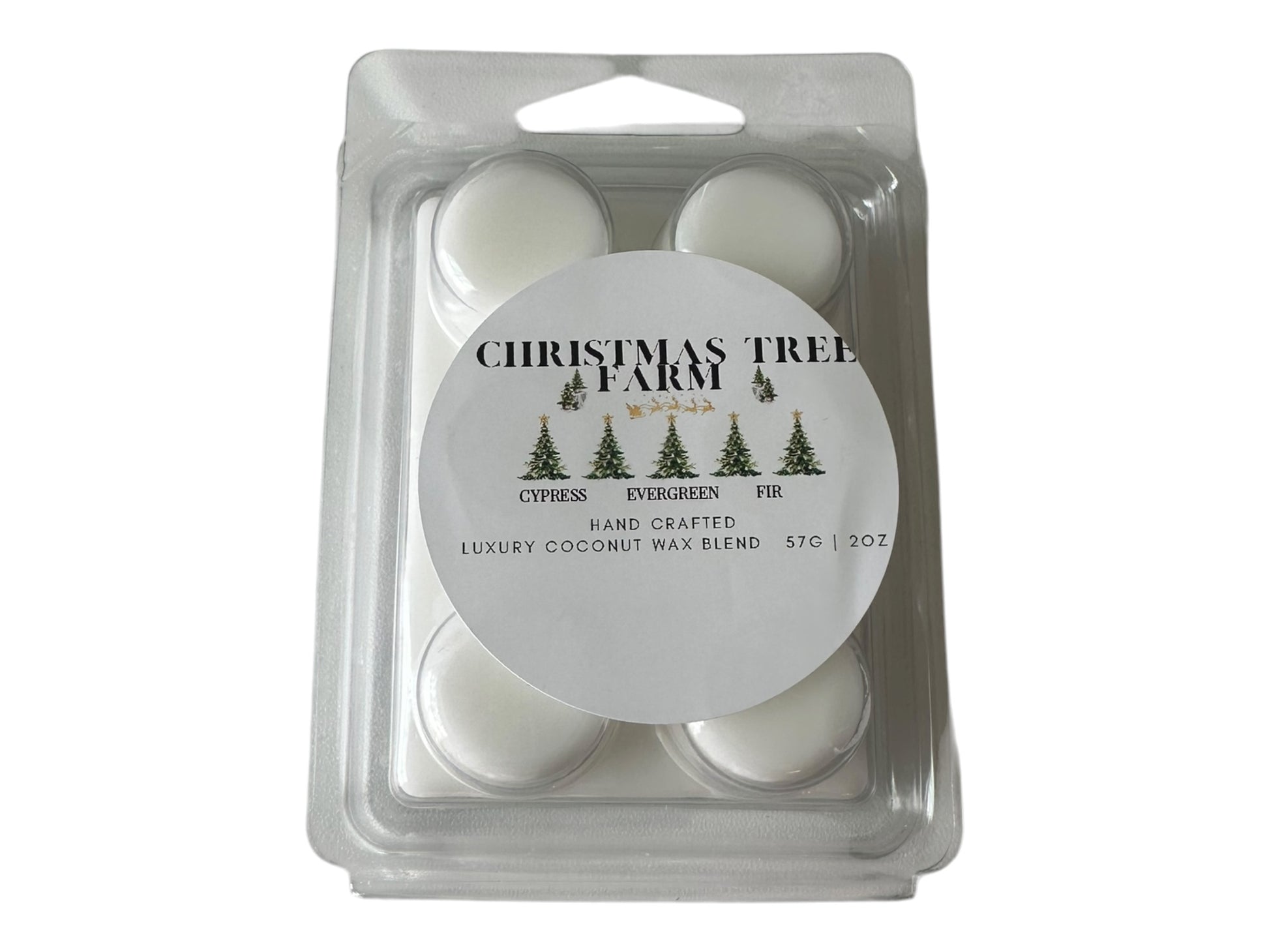 A winter wax melt labeled "Christmas Tree Farm" on a white background front view.
