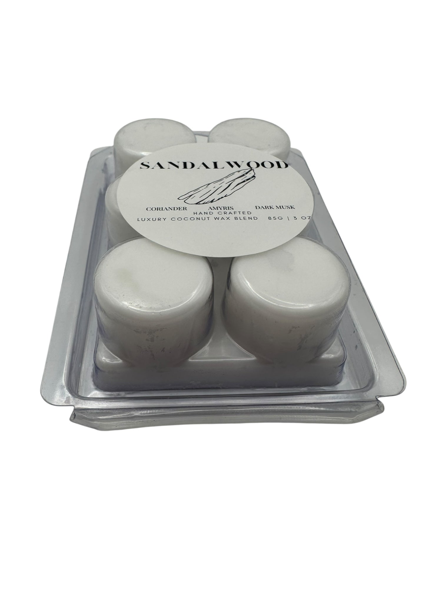 A plastic clamshell wax melts labeled "Sandalwood" on a white background.