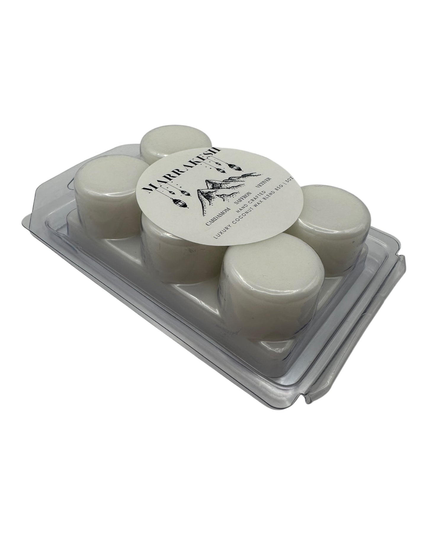 A plastic clamshell white wax melts labeled "Marrakesh" on a white background. 
