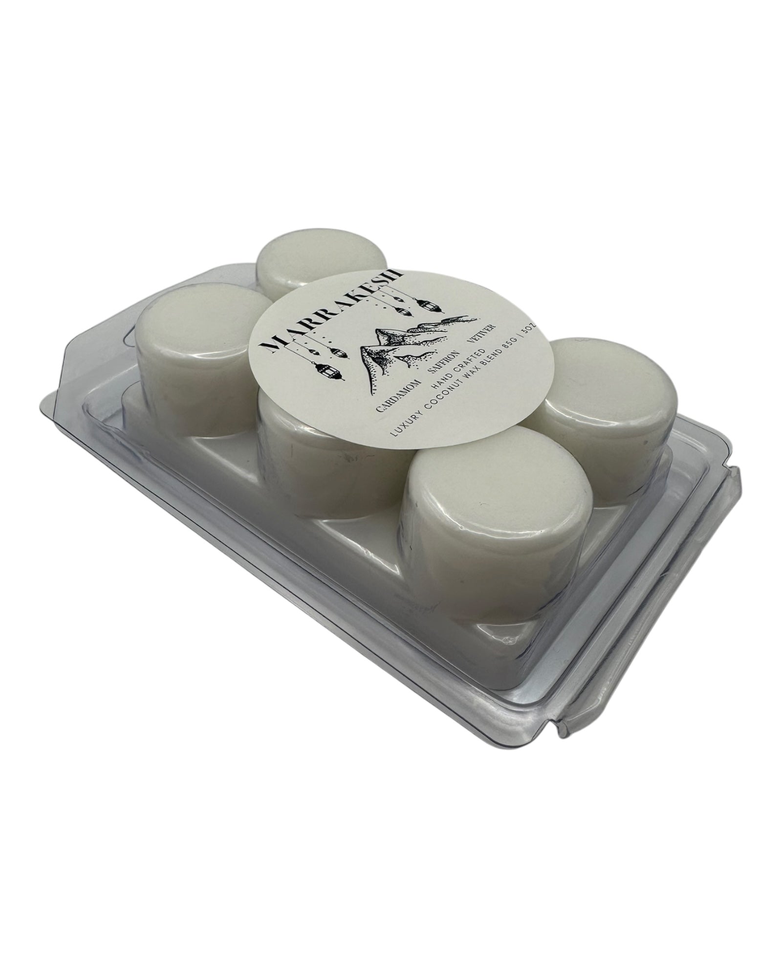 A plastic clamshell white wax melts labeled "Marrakesh" on a white background. 