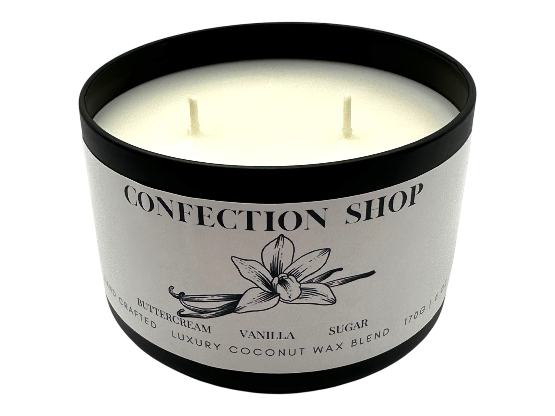 A black candle tin labeled "Confection Shop" with two wicks and a smooth white candle top on a white background. 