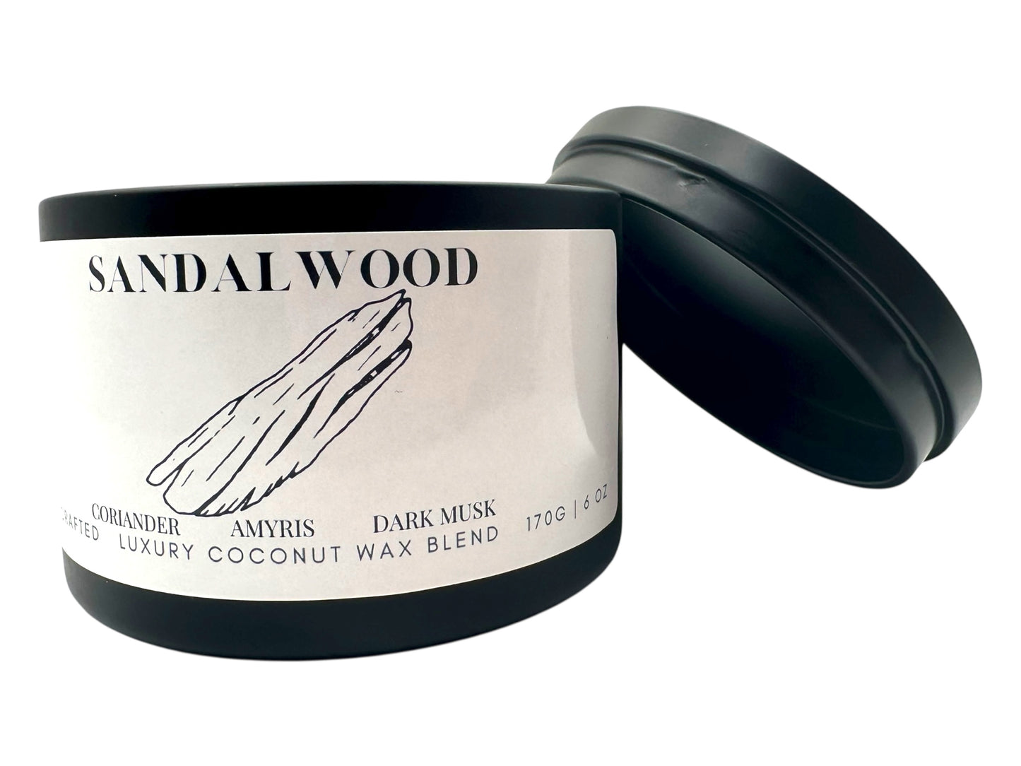 A black candle tin labeled "Sandalwood" on a white background.