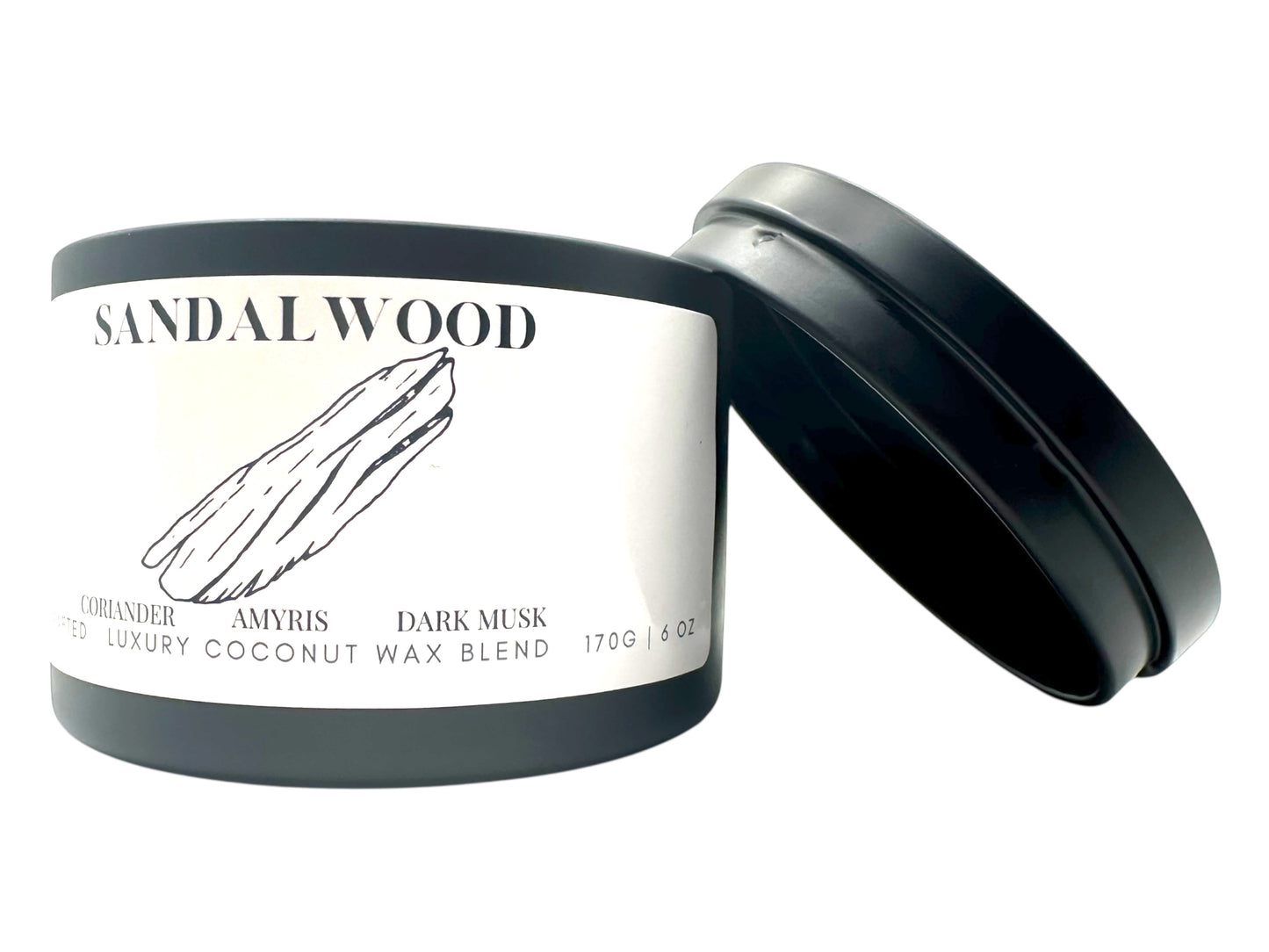 A black candle tin labeled "Sandalwood" on a white background.
