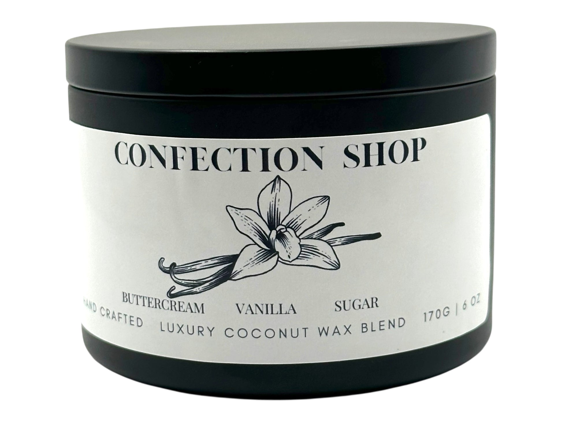 A black candle tin labeled "Confection Shop" on a white background. 