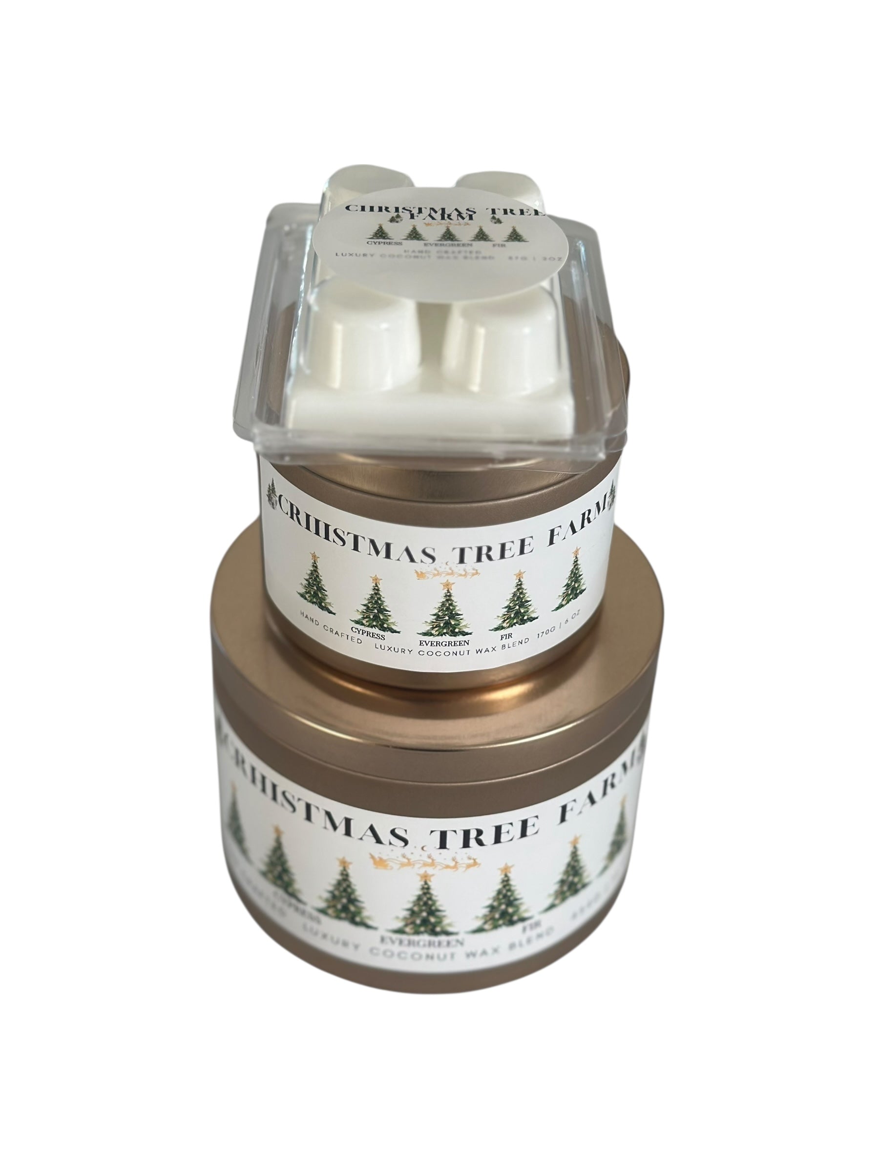 A winter candle collection with gold candle tins and white coconut wax melts labeled "Christmas Tree Farm" on a white background. 
