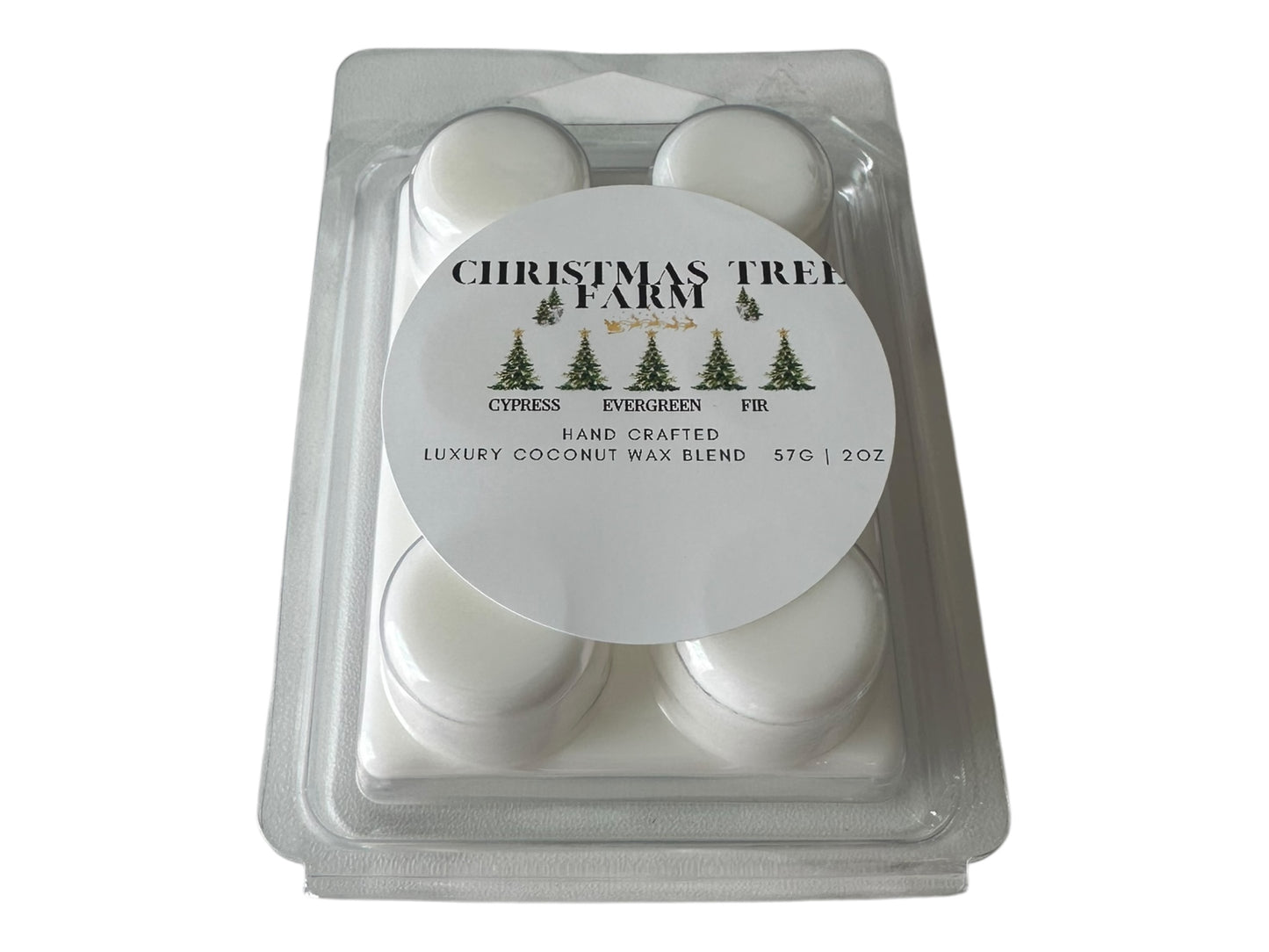 A Christmas tree wax melt labeled "Christmas Tree Farm" front view on a white background.