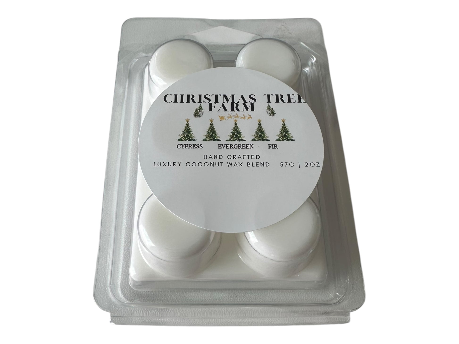A Christmas tree wax melt labeled "Christmas Tree Farm" front view on a white background.