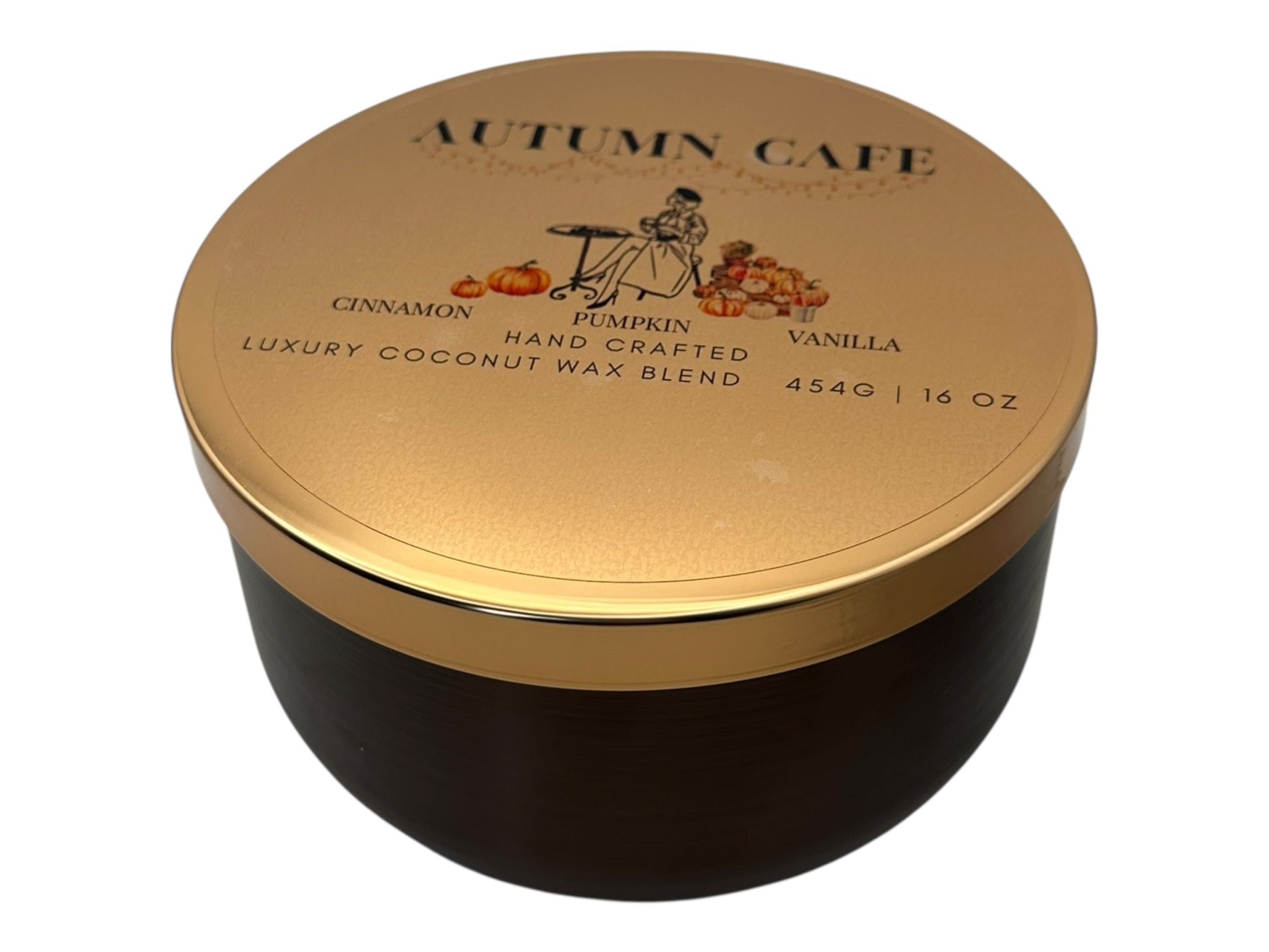 A bronze and gold candle tin labeled "Autumn Cafe" on a white background.