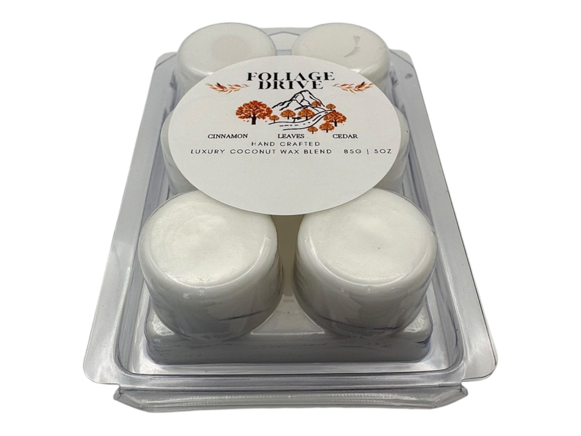 Six white cavity wax melt in a clear plastic packaging with 'Foliage Drive' label on a white background.