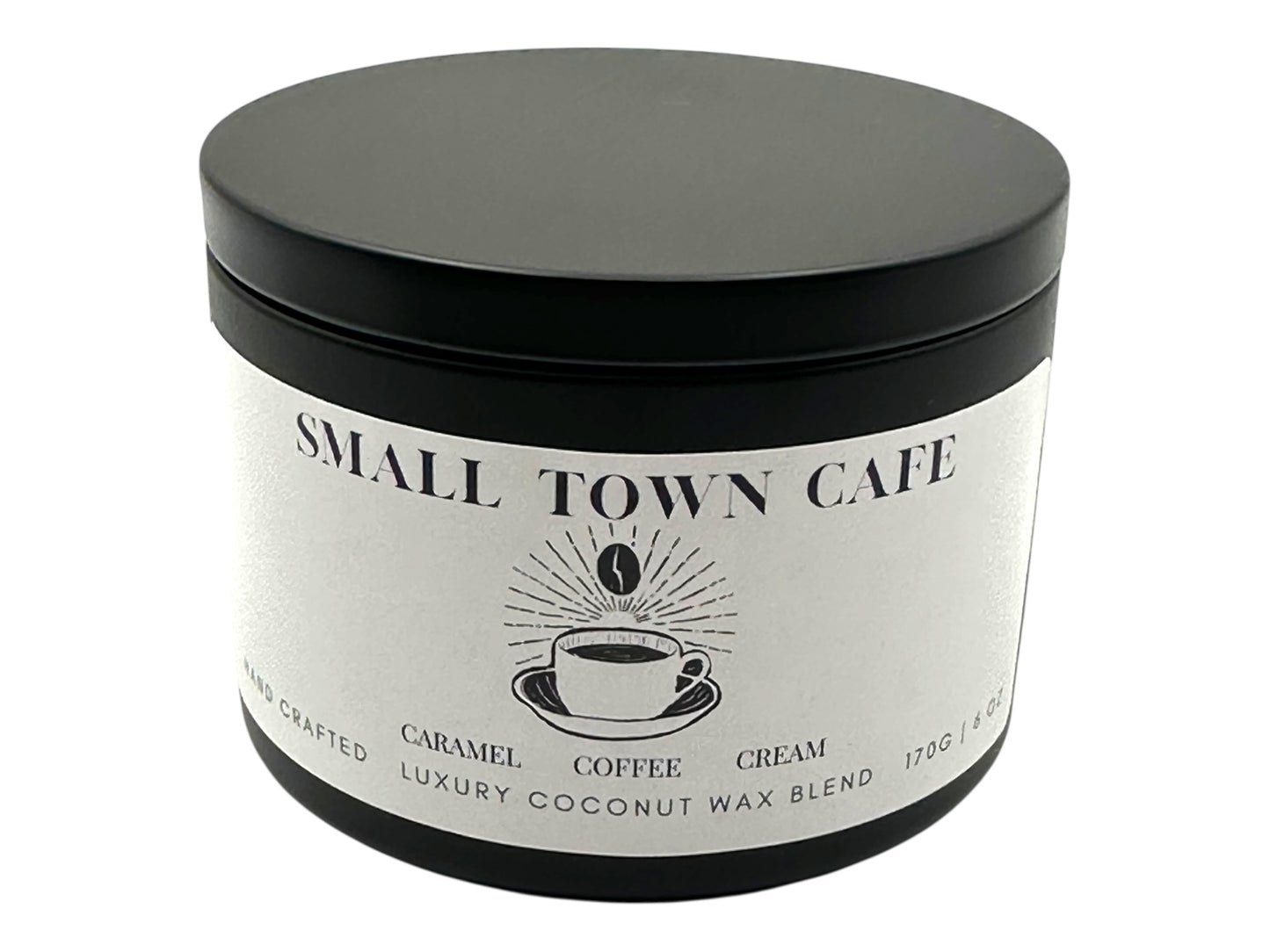 A black candle tin labeled "Small Town Cafe" on a white background.