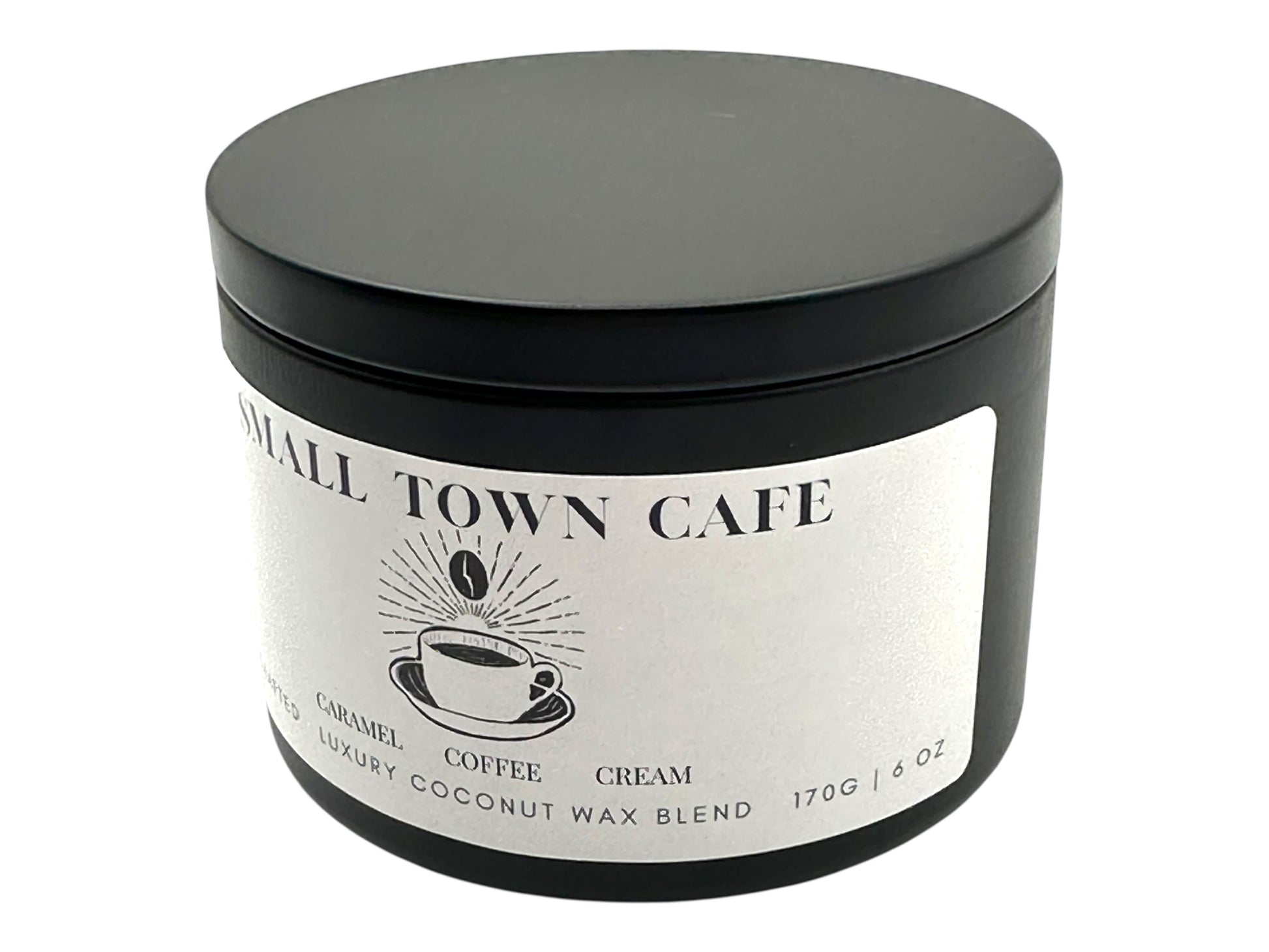 A black candle tin labeled "Small Town Cafe" on a white background.