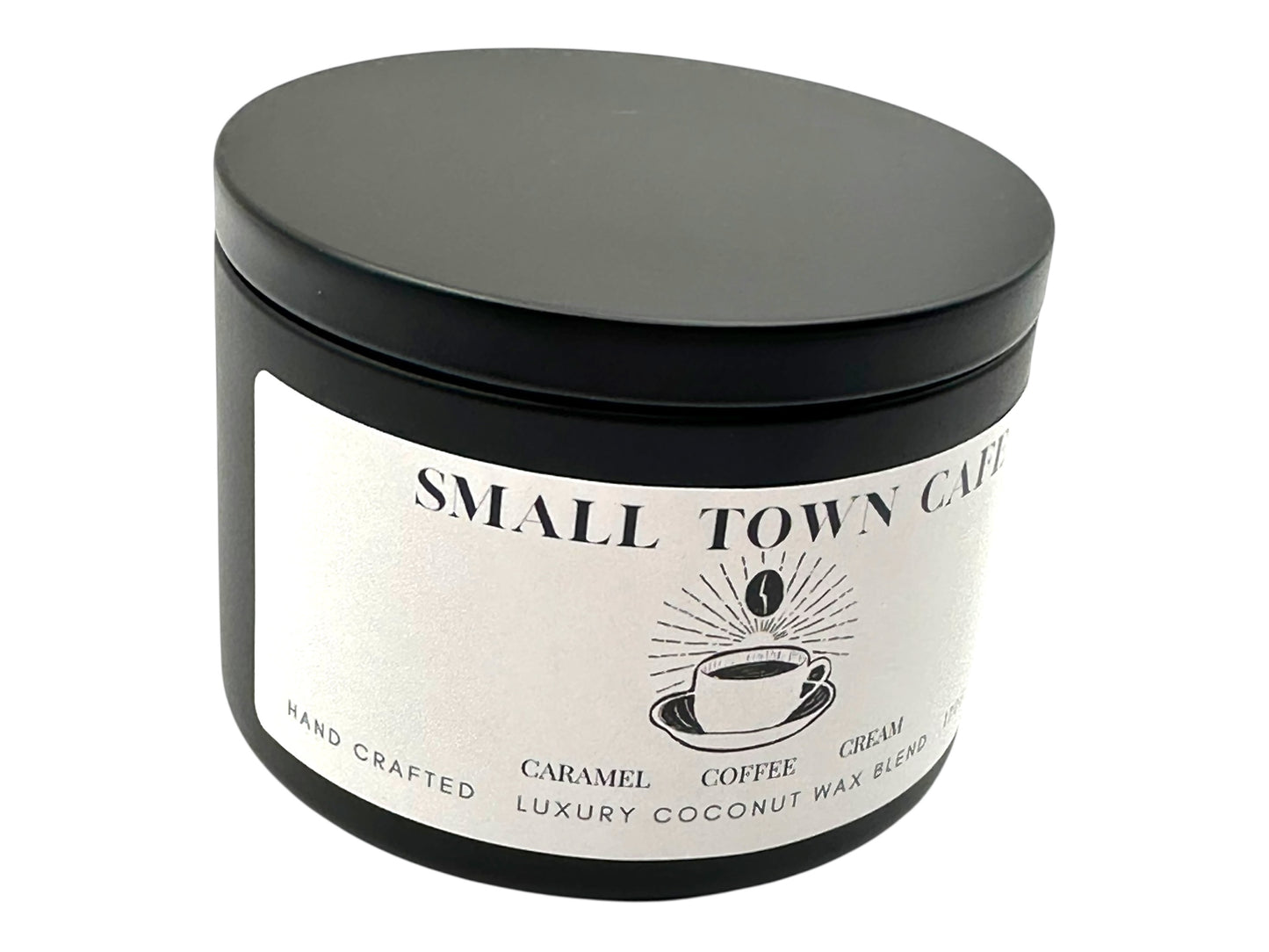 A black candle tin labeled "Small Town Cafe" on a white background.