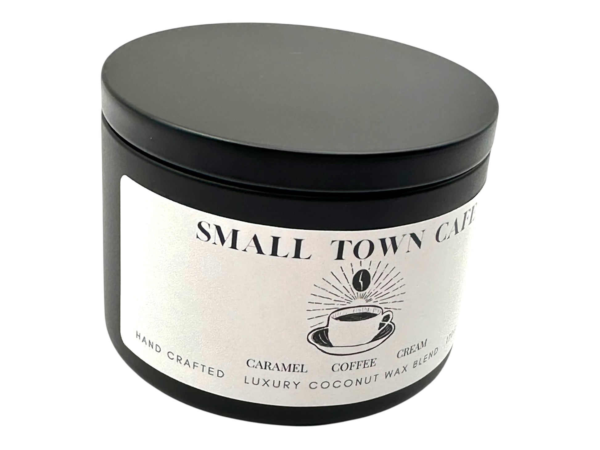 A black candle tin labeled "Small Town Cafe" on a white background.
