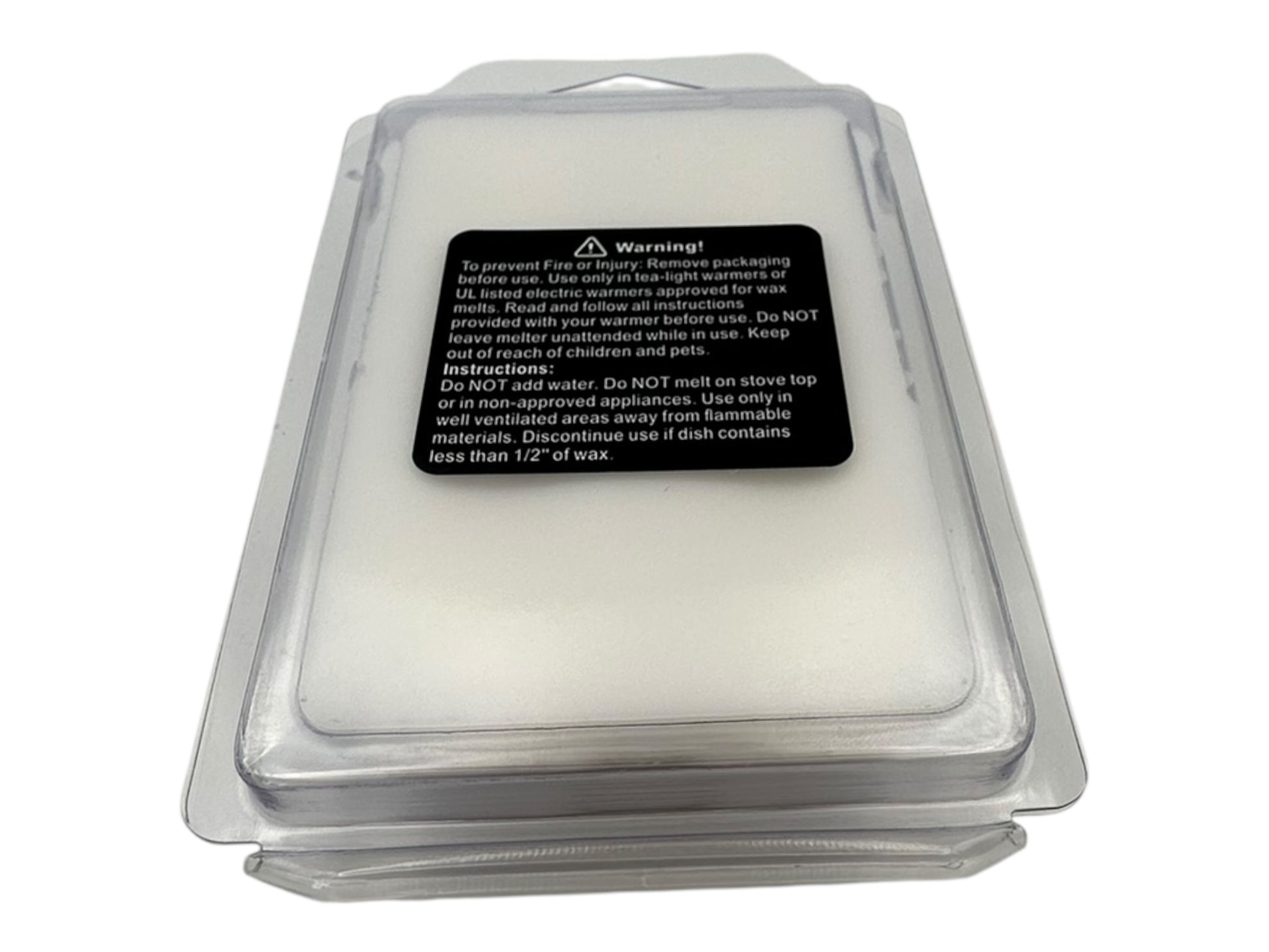 Packaged wax melts with a warning label on a white background