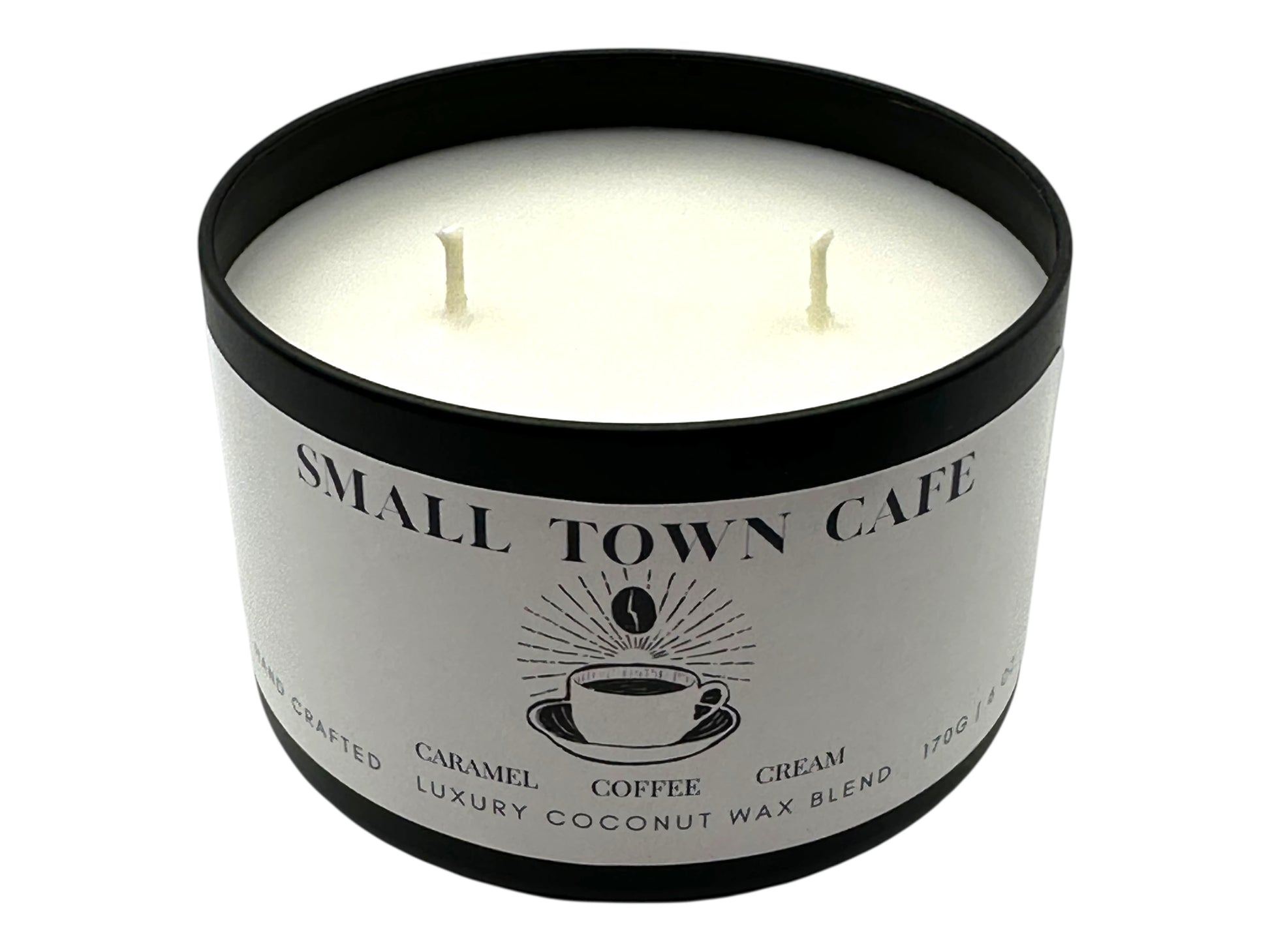 A black candle tin labeled "Small Town Cafe" with lid removed on a white background.
