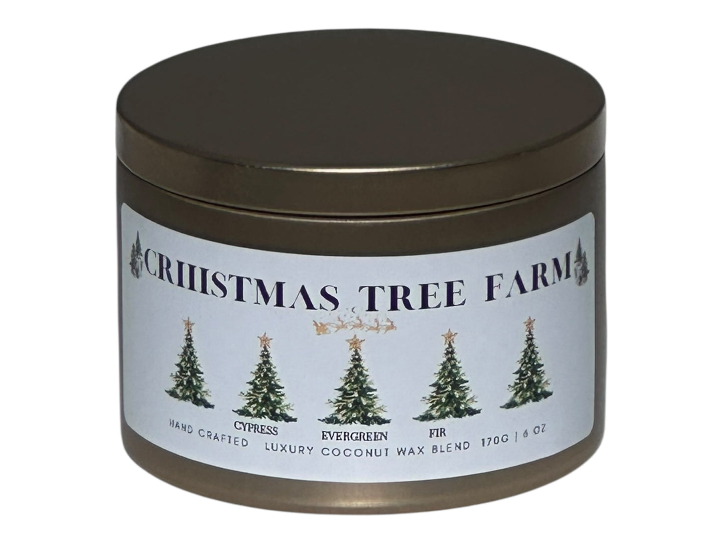 A gold candle tin labeled "Christmas Tree Farm" on a white background.