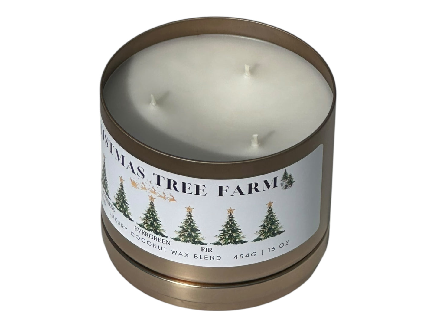A gold candle tin labeled "Christmas  Tree Farm" on a white background front view with lid removed.