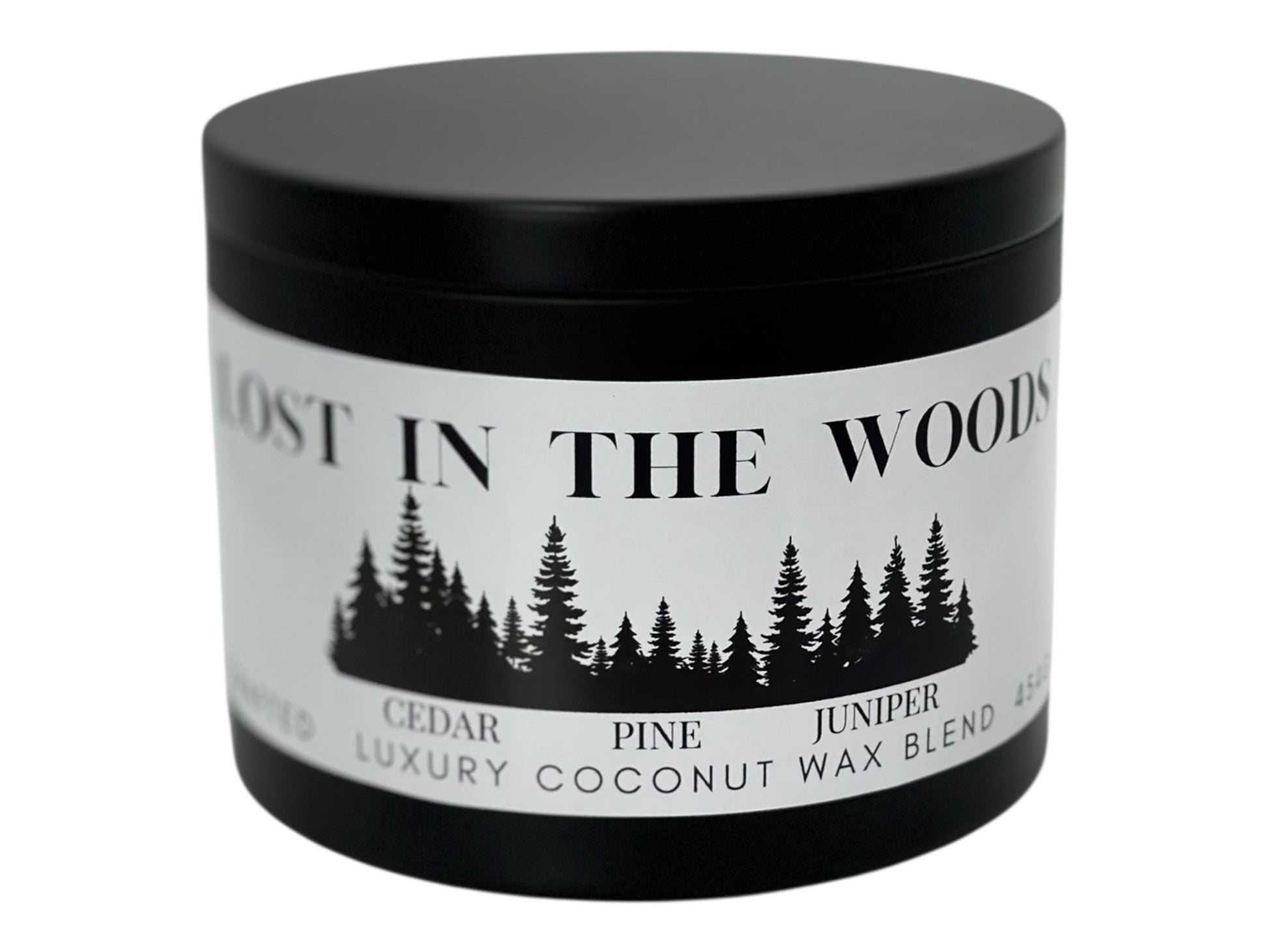 A black candle tin labeled "Lost in the Woods" on a white background.