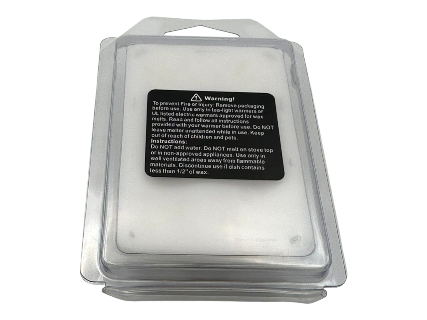 Clear plastic clamshell with a warning label on a white background.