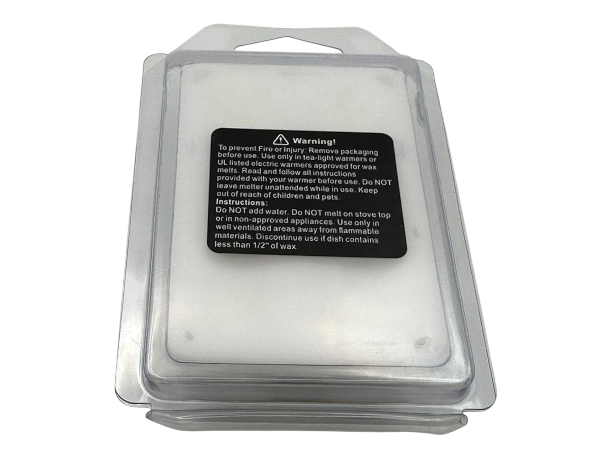 Clear plastic clamshell with a warning label on a white background.