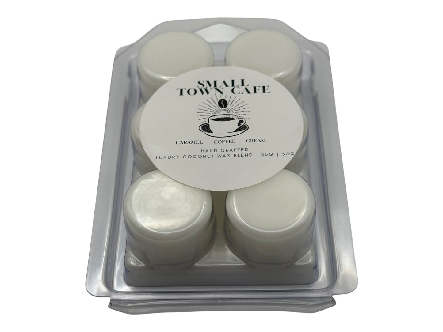 A package of wax melts  labeled 'Small Town Cafe' on a white background.