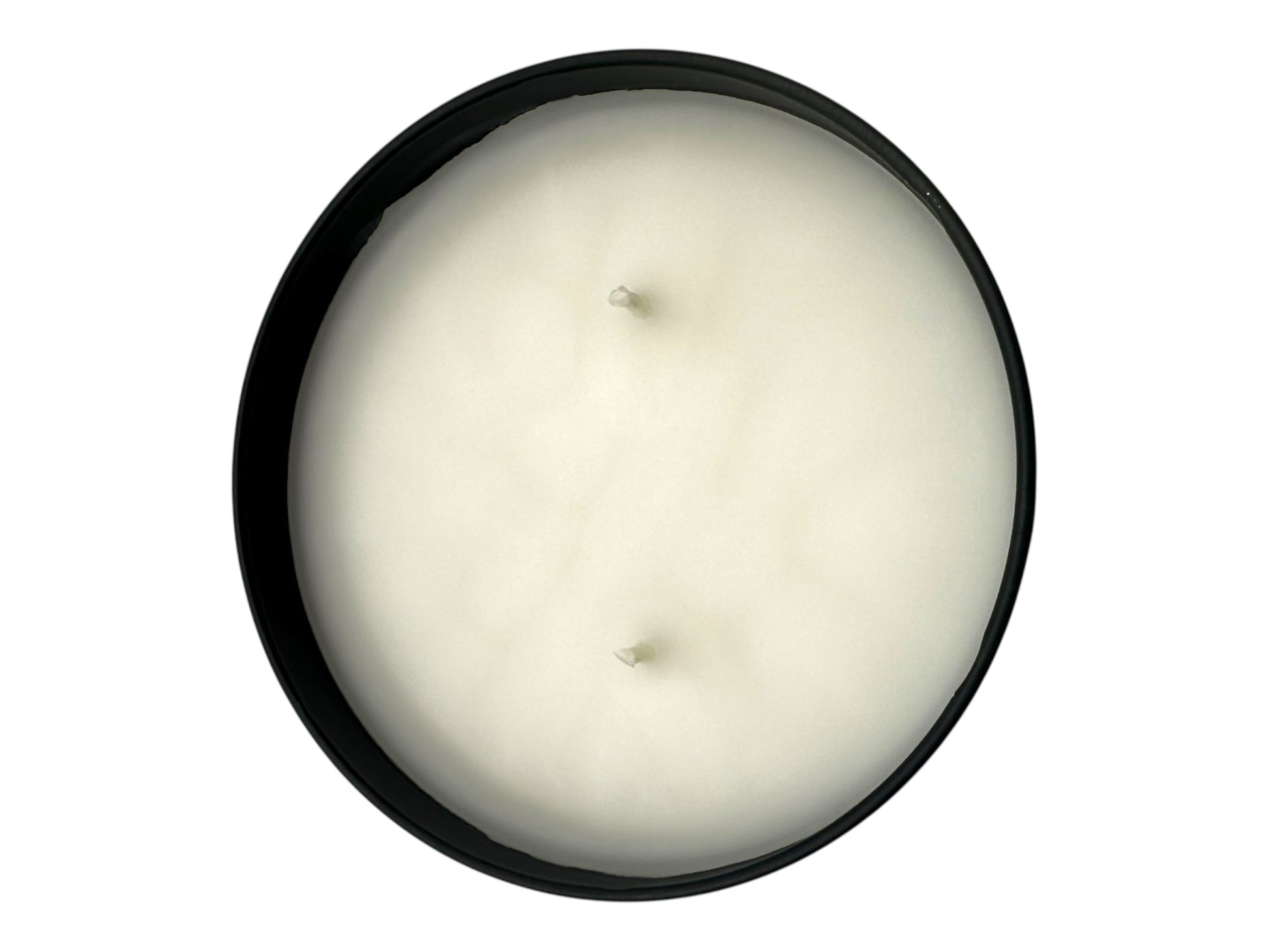 A black candle tin no lid with two wicks and a smooth white candle top.