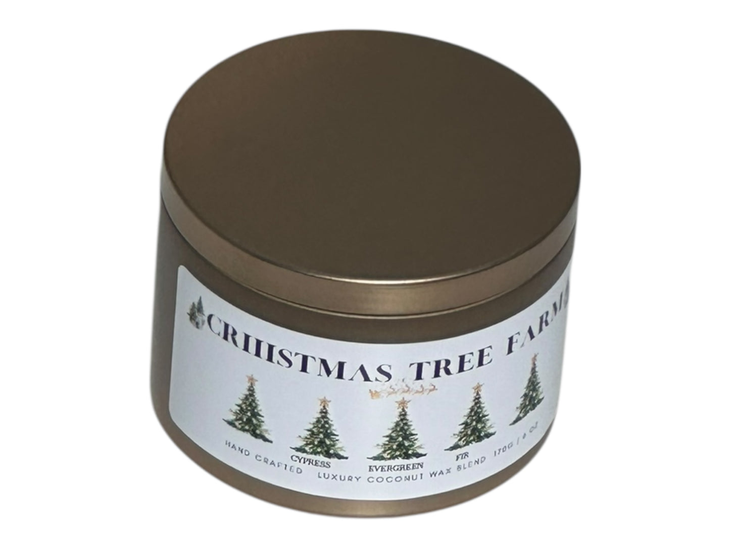 A gold candle tin labeled "Christmas Tree Farm" top view opposite side on a white background.