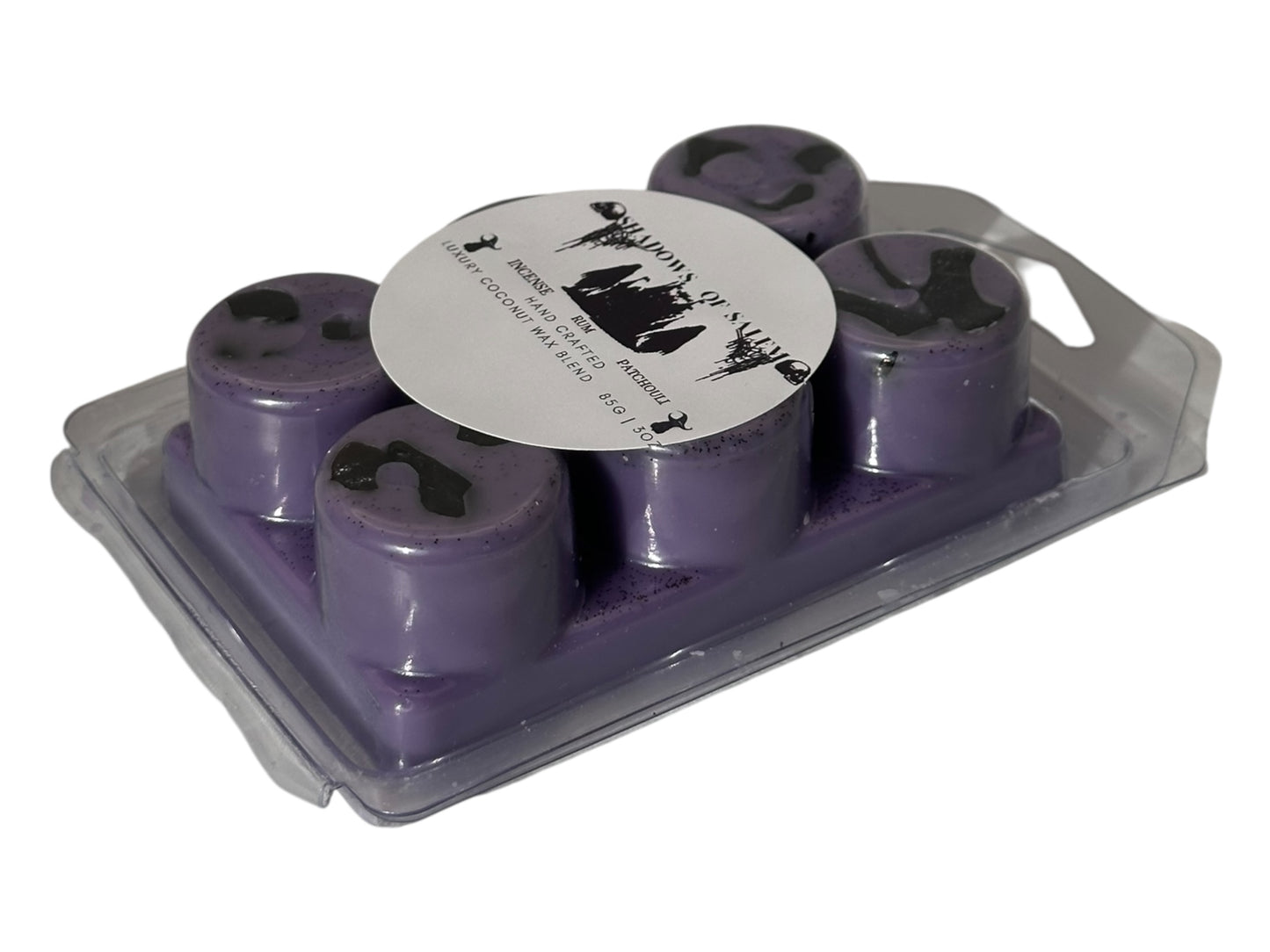 A side view of purple wax melts labeled "Shadows of Salem" on a white background. 
