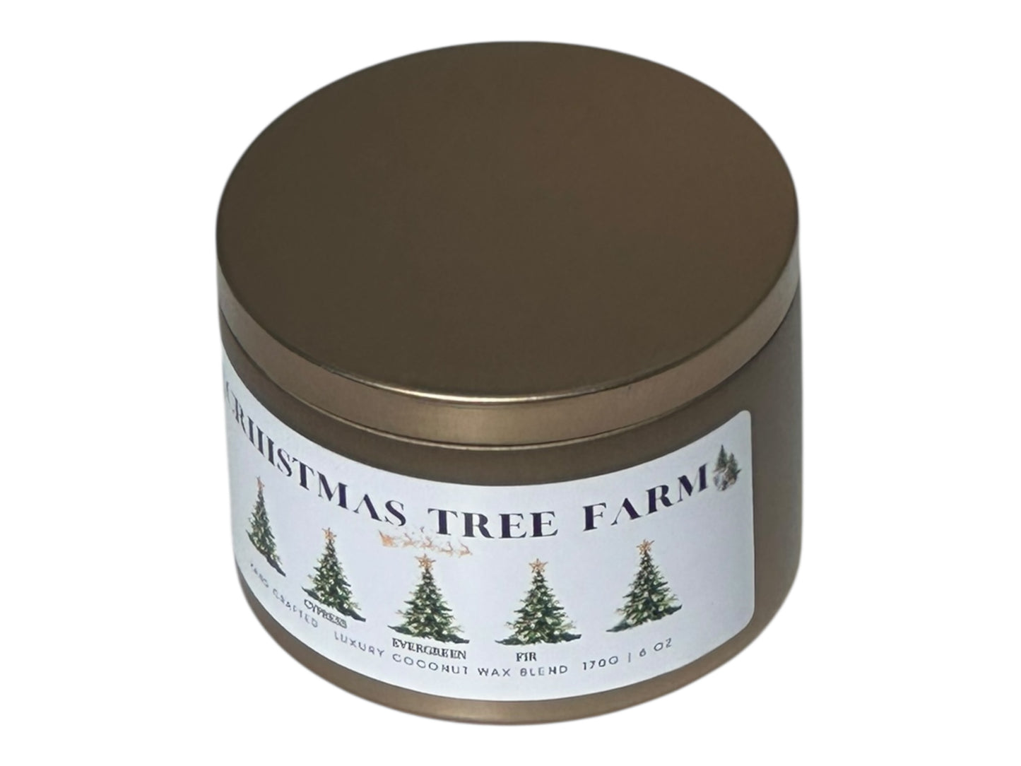 A gold candle tin labeled "Christmas Tree Farm" top view opposite side on a white background.