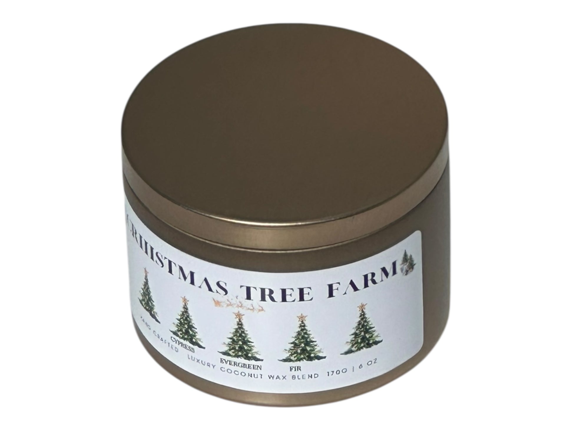 A gold candle tin labeled "Christmas Tree Farm" top view opposite side on a white background.