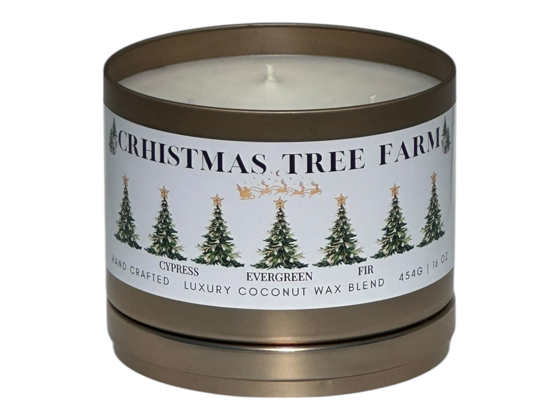 A gold candle tin labeled "Christmas  Tree Farm" on a white background front view with lid removed.