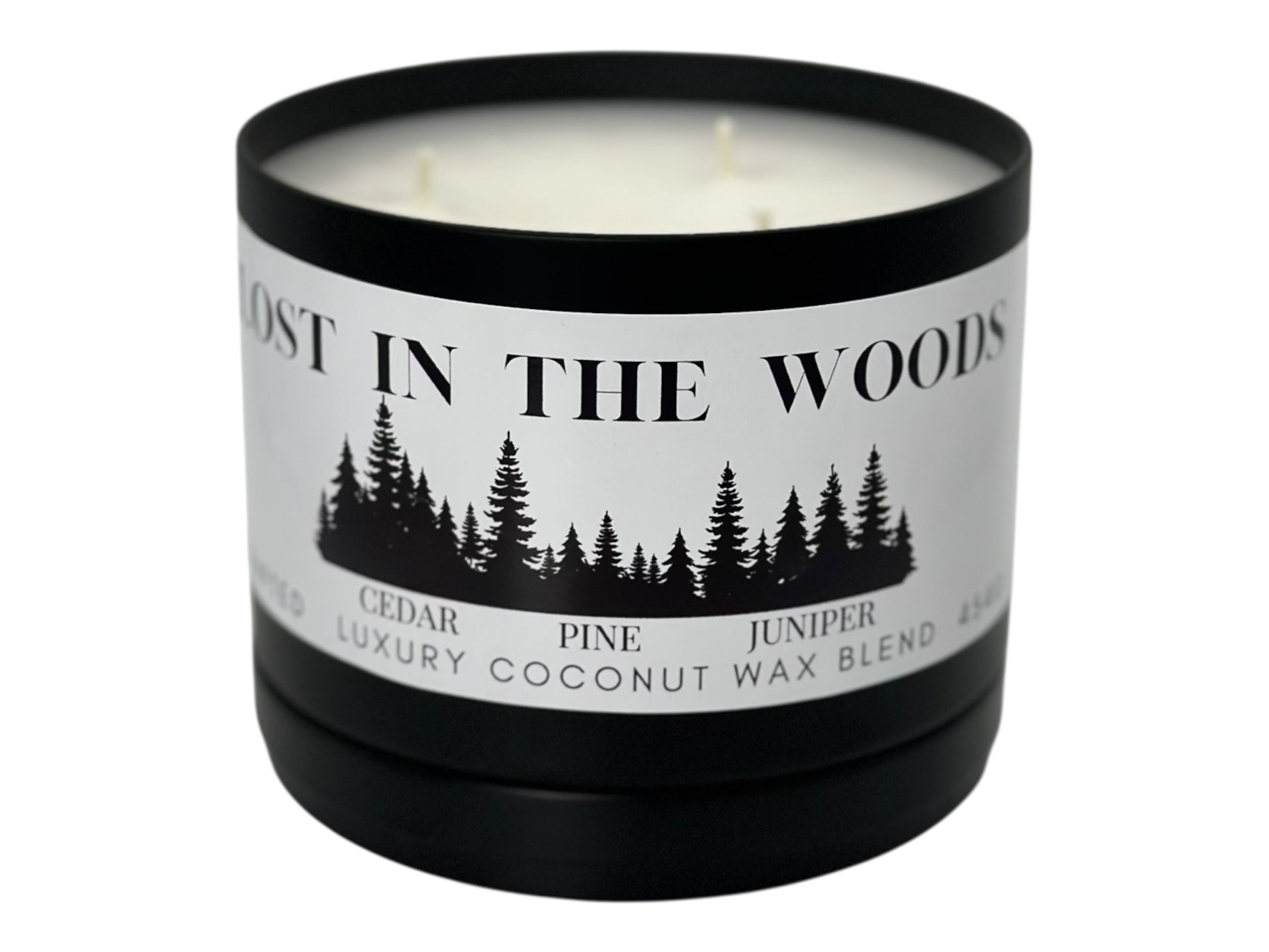 A black candle tin labeled "Lost in the Woods" with lid removed on a white background.