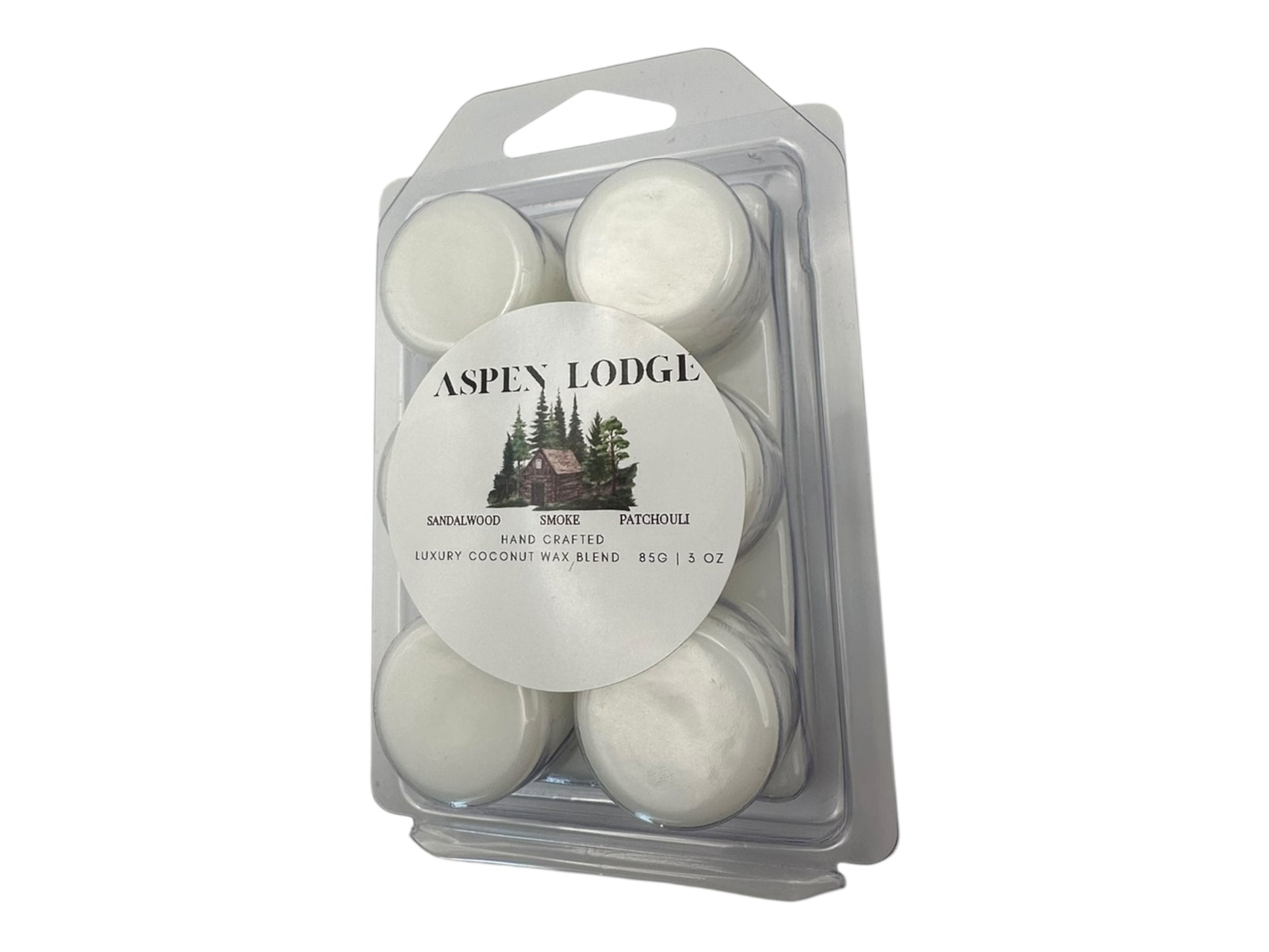 Pack of Aspen Lodge wax melts in a clear plastic clamshell side view on a white background.
